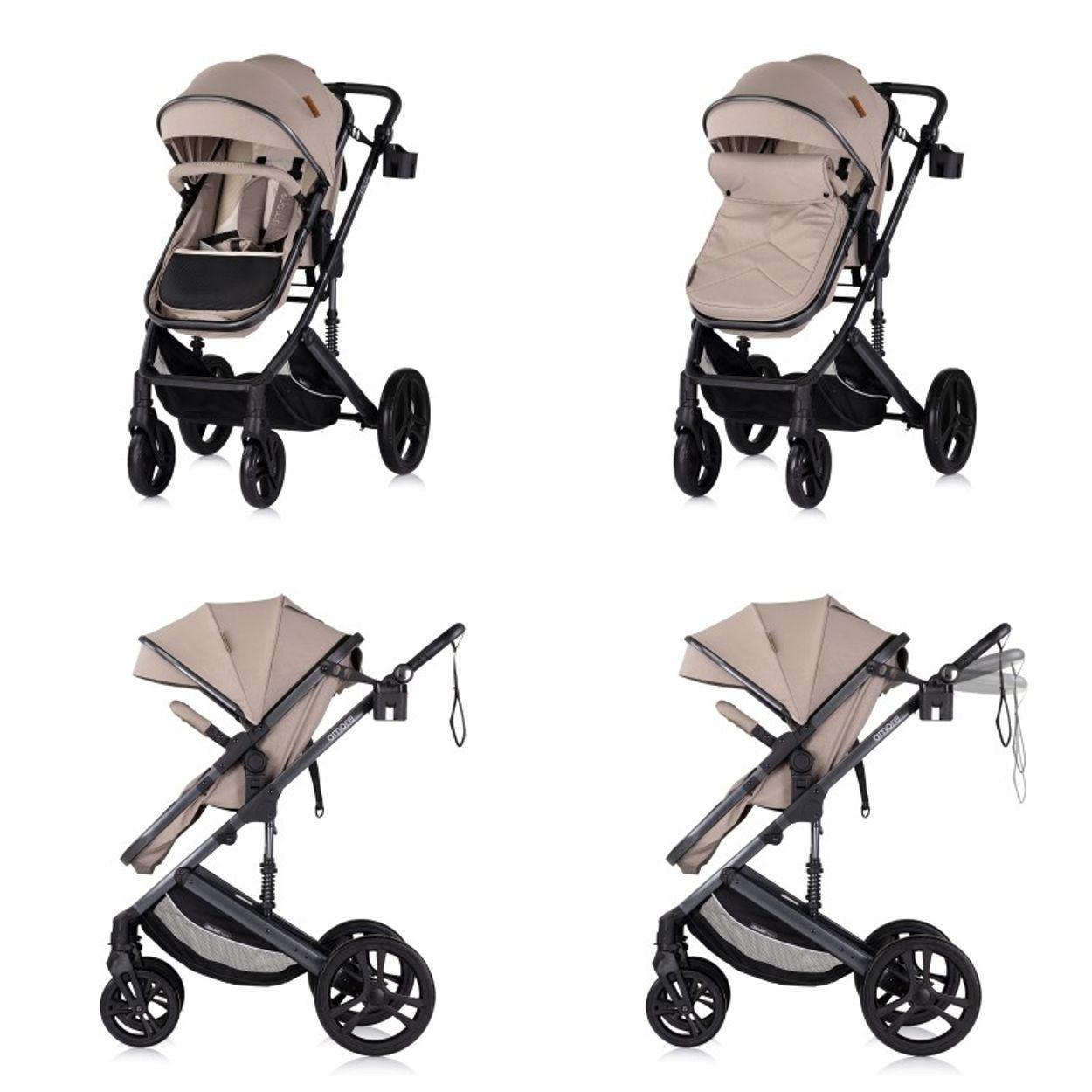 KOMBIKINDERWAGEN Amore 3 in 1 hellbraun Babyschale Adapter Wickeltasche Fußabdeckung - Beige, Metall (95/63/105cm) - Chipolino