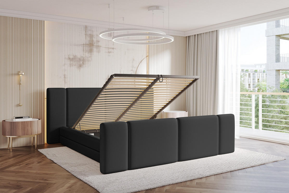 POLSTERBETT mit Bettkasten, Fußteil und Lattenrost, Bett mit Matratze H3/H4 - TEVO-Z 200x200 Schwarz - Schwarz Hochglanz, Holzwerkstoff/Textil (200/200cm) - ALTDECOR