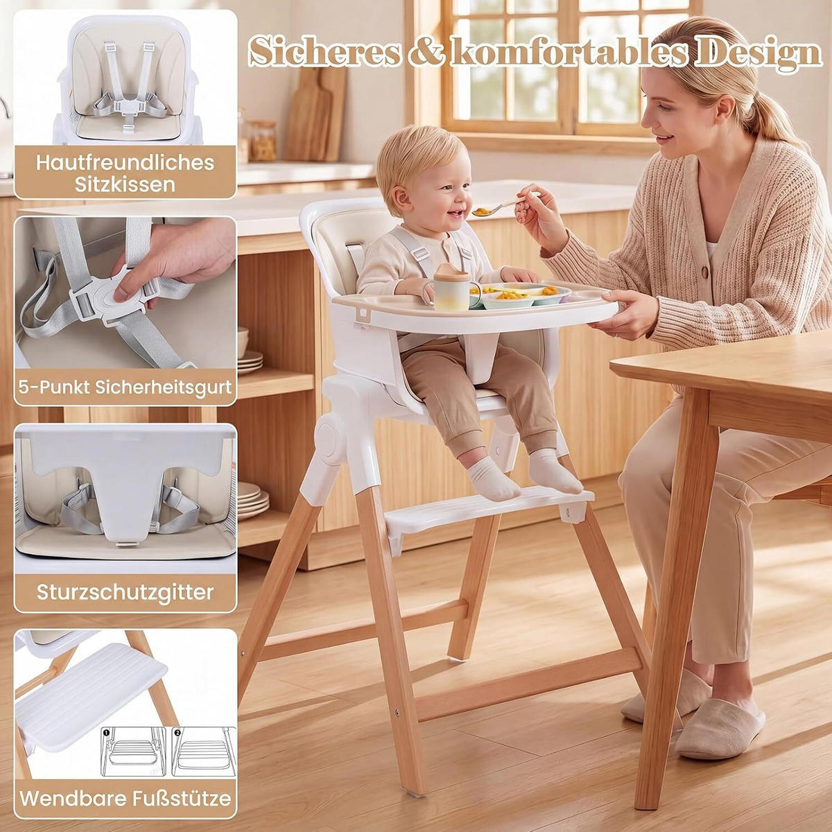 KINDERHOCHSTUHL mit Tablett beige - Beige, Holz (71/93/58cm) - COSTWAY