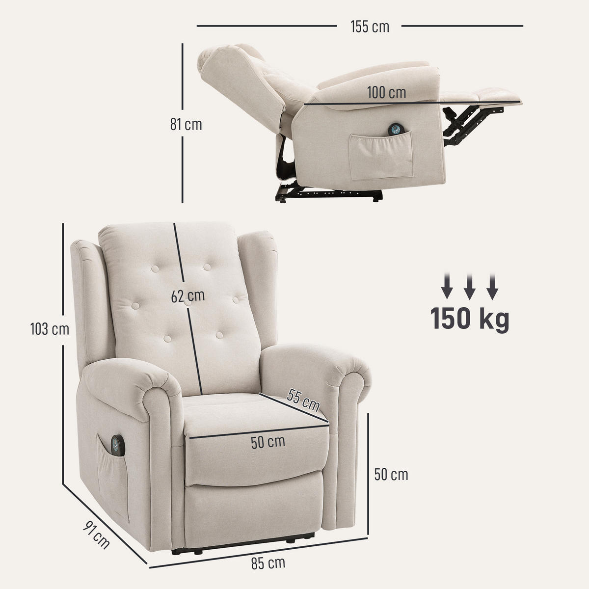 MASSAGESESSEL Beige mit Massage- und Liegefunktion 91/85/103 cm - Beige, Naturmaterialien (91/103/85cm) - PANGIVO