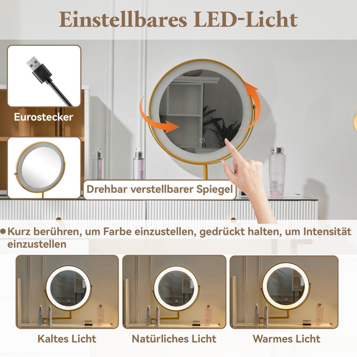 SCHMINKTISCH aus Glas und Spanplatte 120x45x115 cm Weiß/Gold mit LED-Spiegel und flexiblem Seitenschrank - Weiß, Holzwerkstoff (120/115/45cm) - Modfu