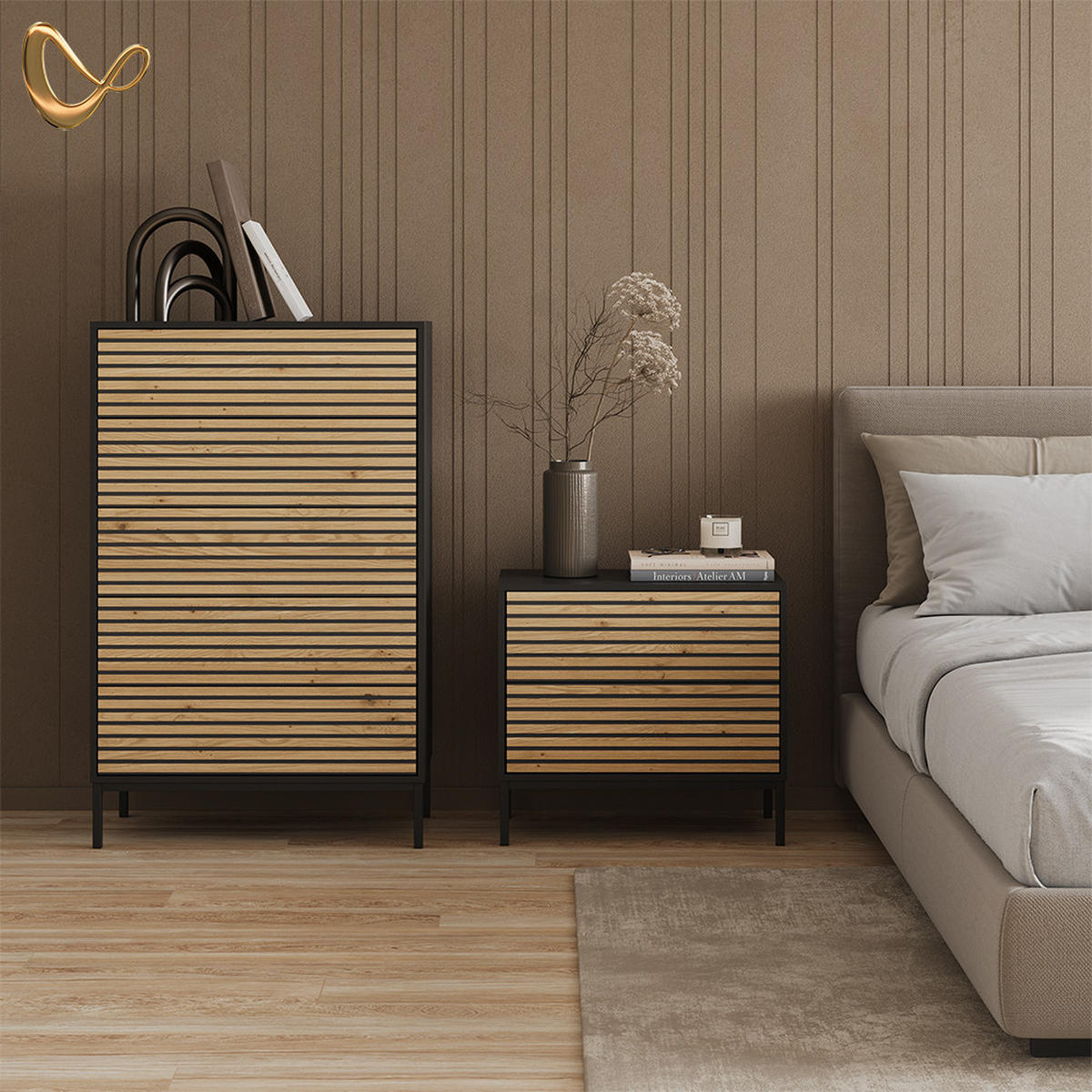 KOMMODE Aterno Goldkraft Eiche/Anthrazit 76 x 120 cm mit 5 Schubladen - Honigeiche/Anthrazit, Holzwerkstoff (76/120/40cm) - Livinity®