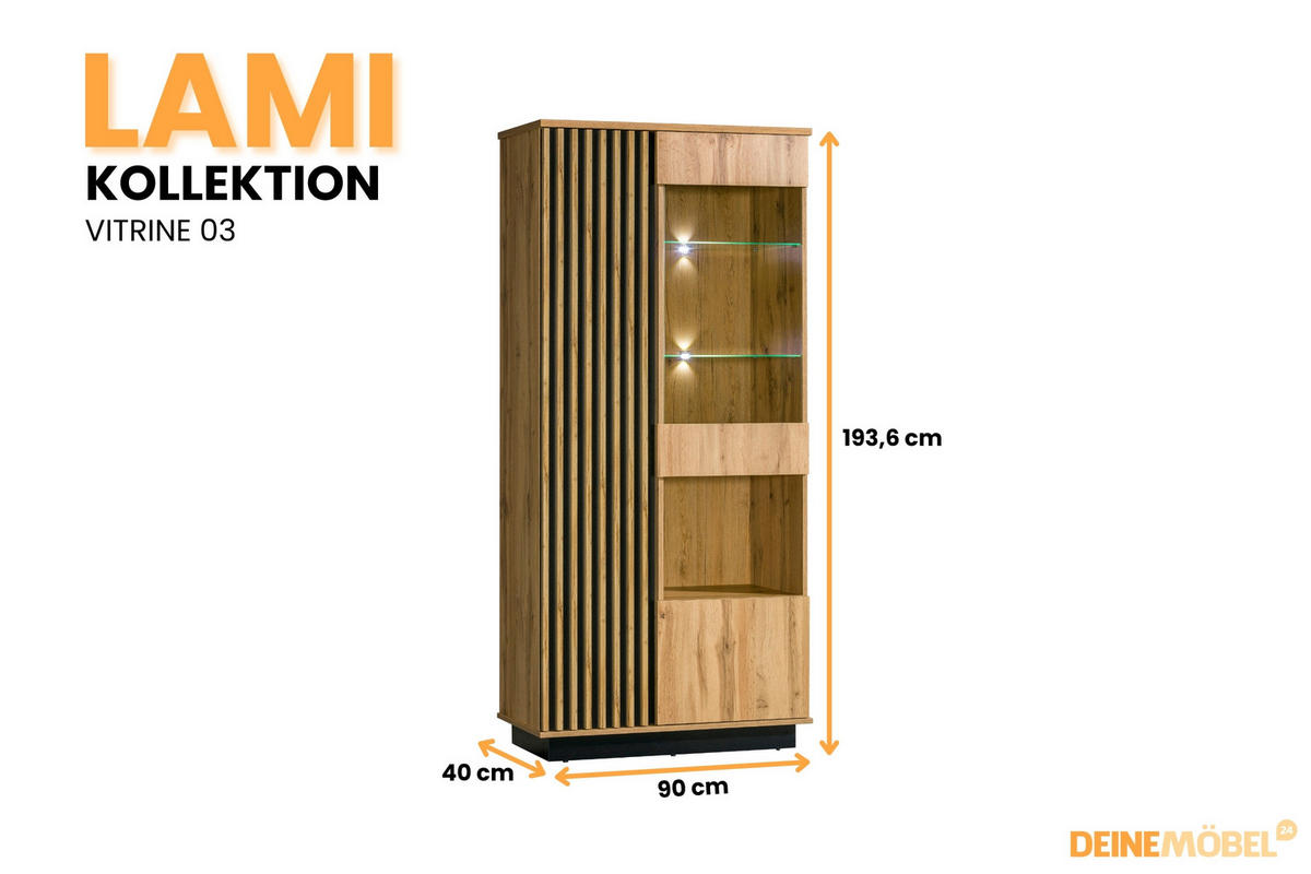 VITRINE LAMI 3 90/194/40 cm in Wotan Eiche / Schwarz Matt mit Lamellen und LED - Eiche Wotan/Schwarz, Holzwerkstoff (90/194/40cm) - Deine Möbel 24