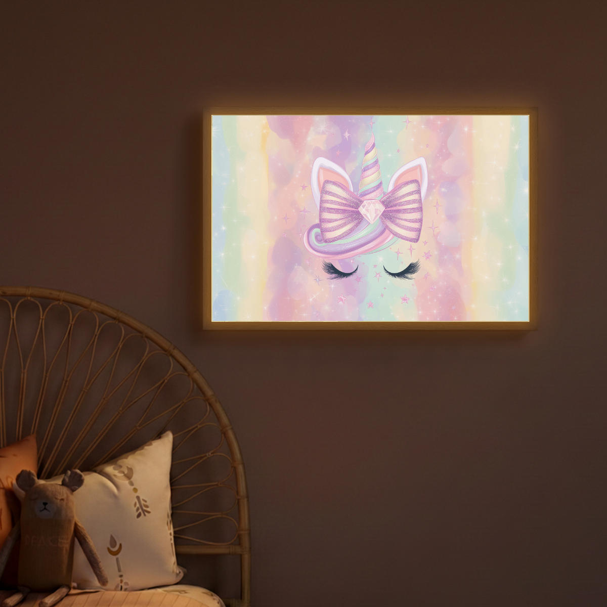 DOBÍJECÍ NOČNÍ LAMPIČKA Jednorožec - Třpytky - Duha - Pastelové barvy 60x40 cm - světle růžová, kompozitní dřevo (8/60/40cm) - OnlyWow