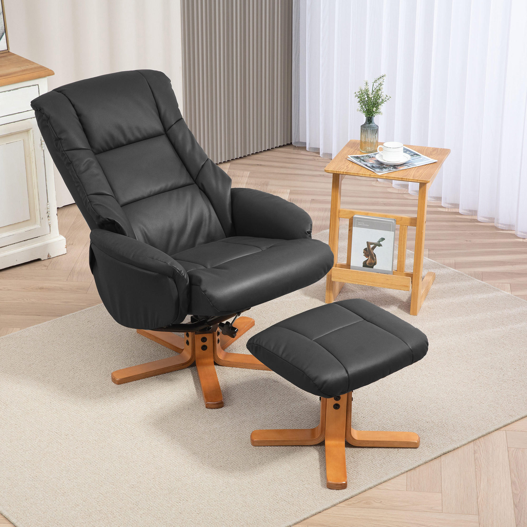 RELAXSESSEL mit Hocker, Fernsehsessel, Schwarz - Schwarz, Leder (84/102/71cm) - HOMCOM