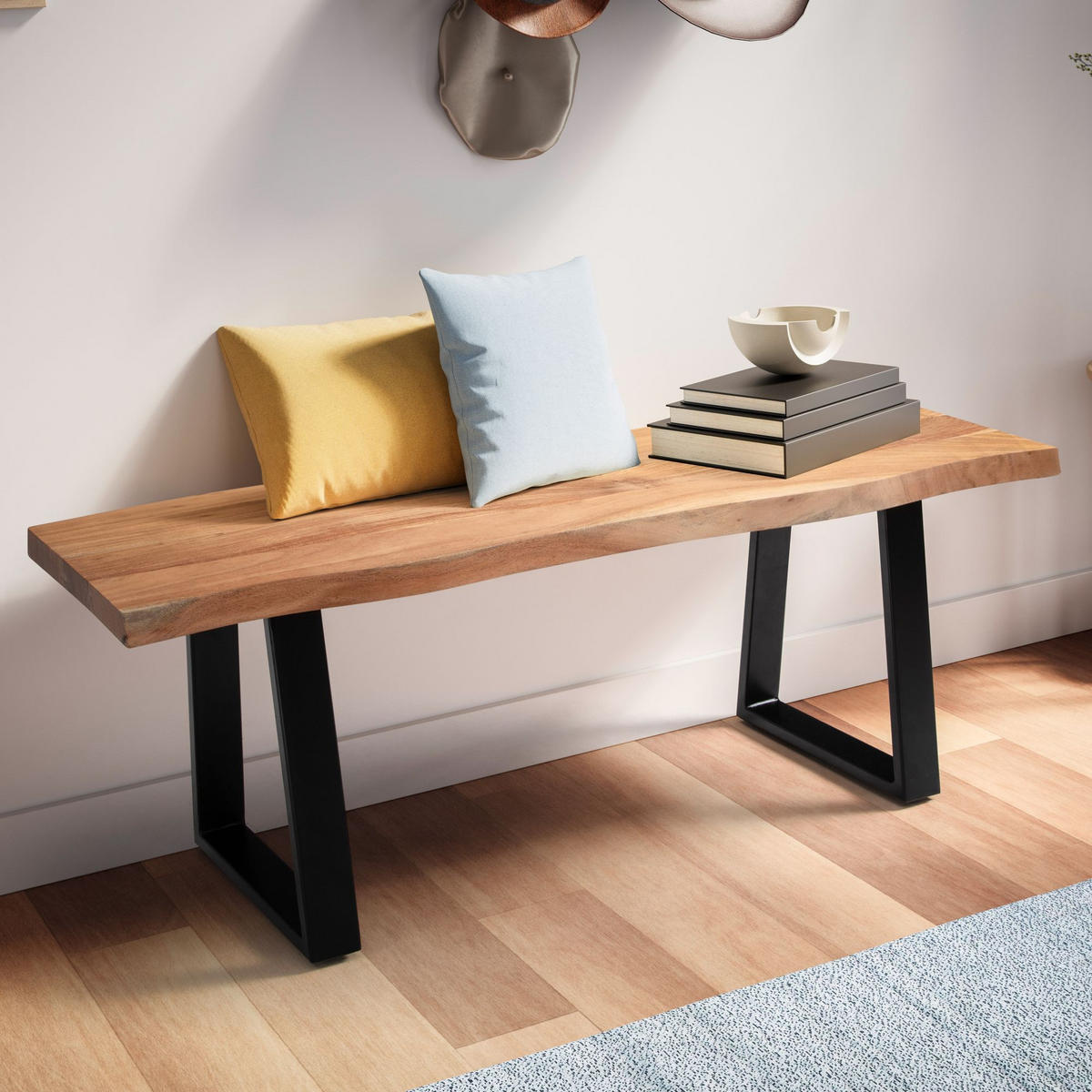 GARDEROBENBANK Massivholz Metall Baumkante, Akazie-Schwarz 120x40x46 cm - Schwarz/Braun, Holz/Metall (120/46/40cm) - KADIMA DESIGN