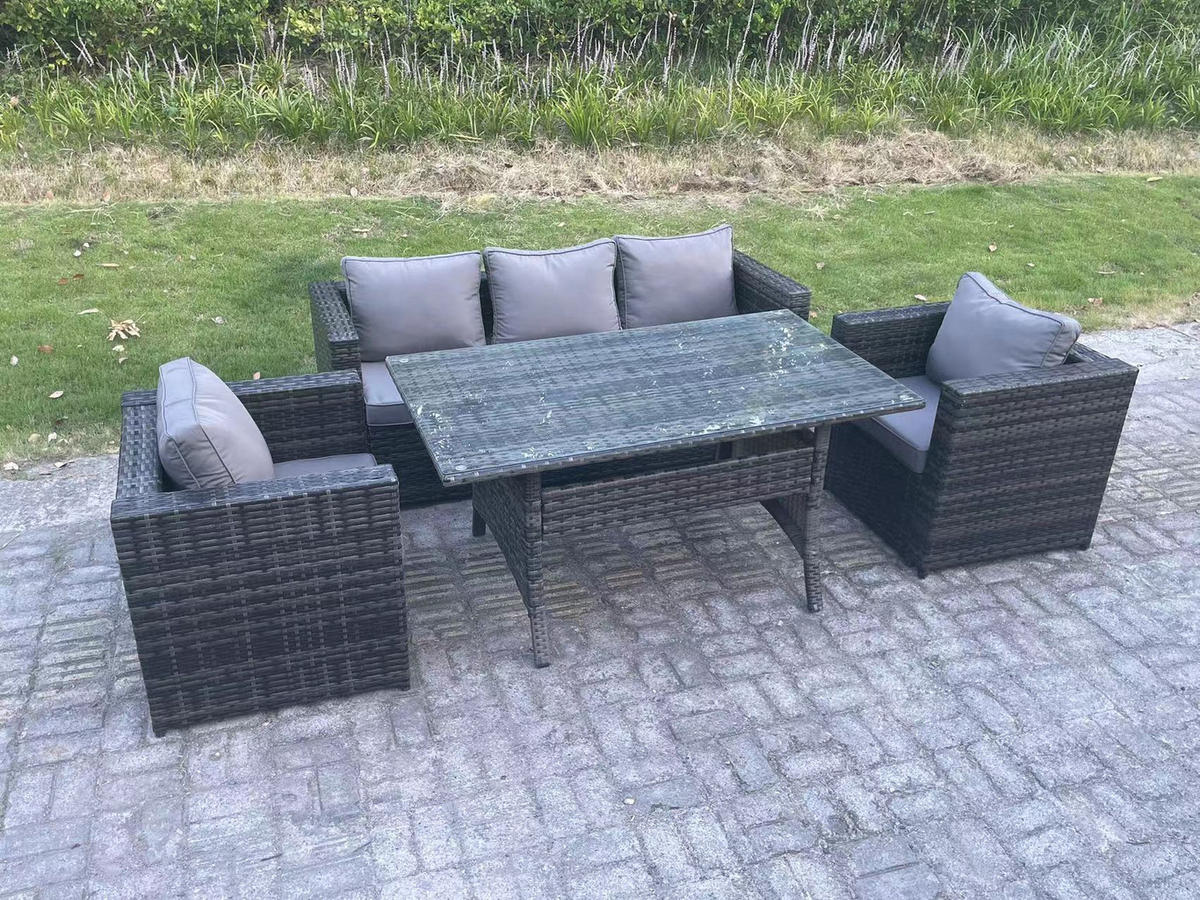 LOUNGEGARNITUR mit Fußschemel Polyrattan Dunkelgrau 5-Sitzer - Dunkelgrau/Grau, Glas/Kunststoff - Fimous