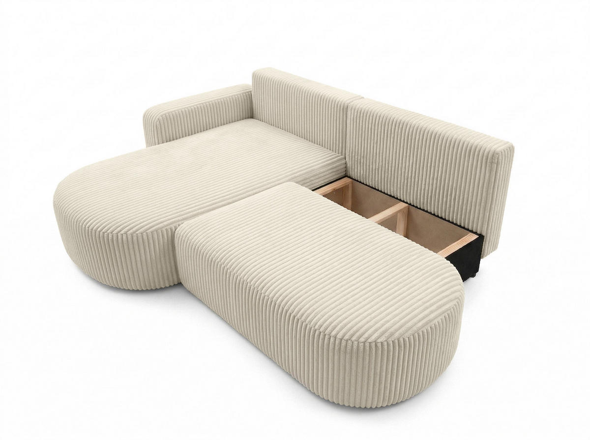 ECKSOFA Mit Schlaffunktion Und Bettkasten, Cordstoff Tilia, Ecru, Links, ROUND ONE OPEN XL - Ecru, Holz (262/175cm) - Kaiser Möbel