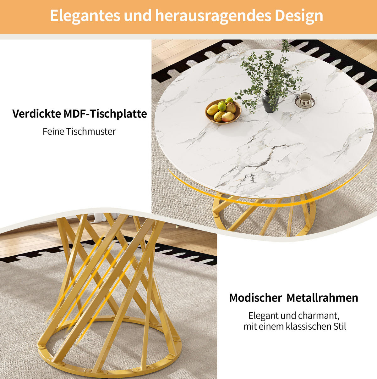 ESSTISCH 80/80/76 cm in Weiß mit Marmoroptik und goldfarbenem Metallgestell - Goldfarben, Holzwerkstoff (80/80/76cm) - Flora Grace