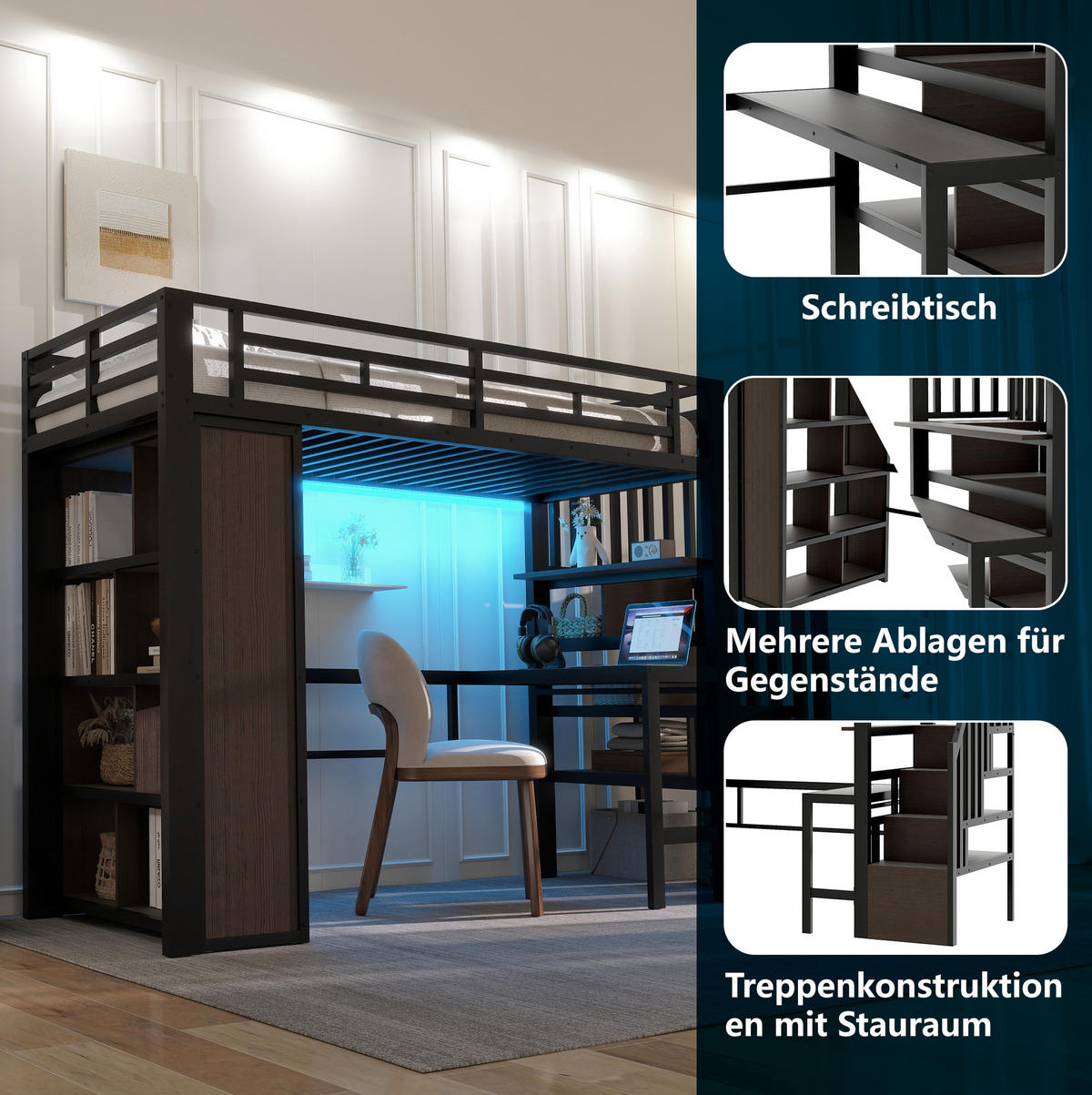 HOCHBETT 90/200 cm Schwarz mit Schreibtisch und LED-Lichtleiste ohne Matratze - Schwarz, Metall (90/200cm) - MIVRAY