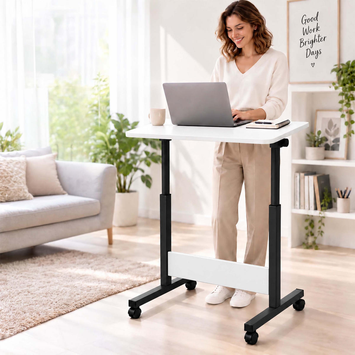 MASĂ Neagră reglabilă pe înălțime cu roți blat înclinabil formă C 67-90 cm - negru, material plastic/compozit lemnos (40/60/90cm) - Relaxdays