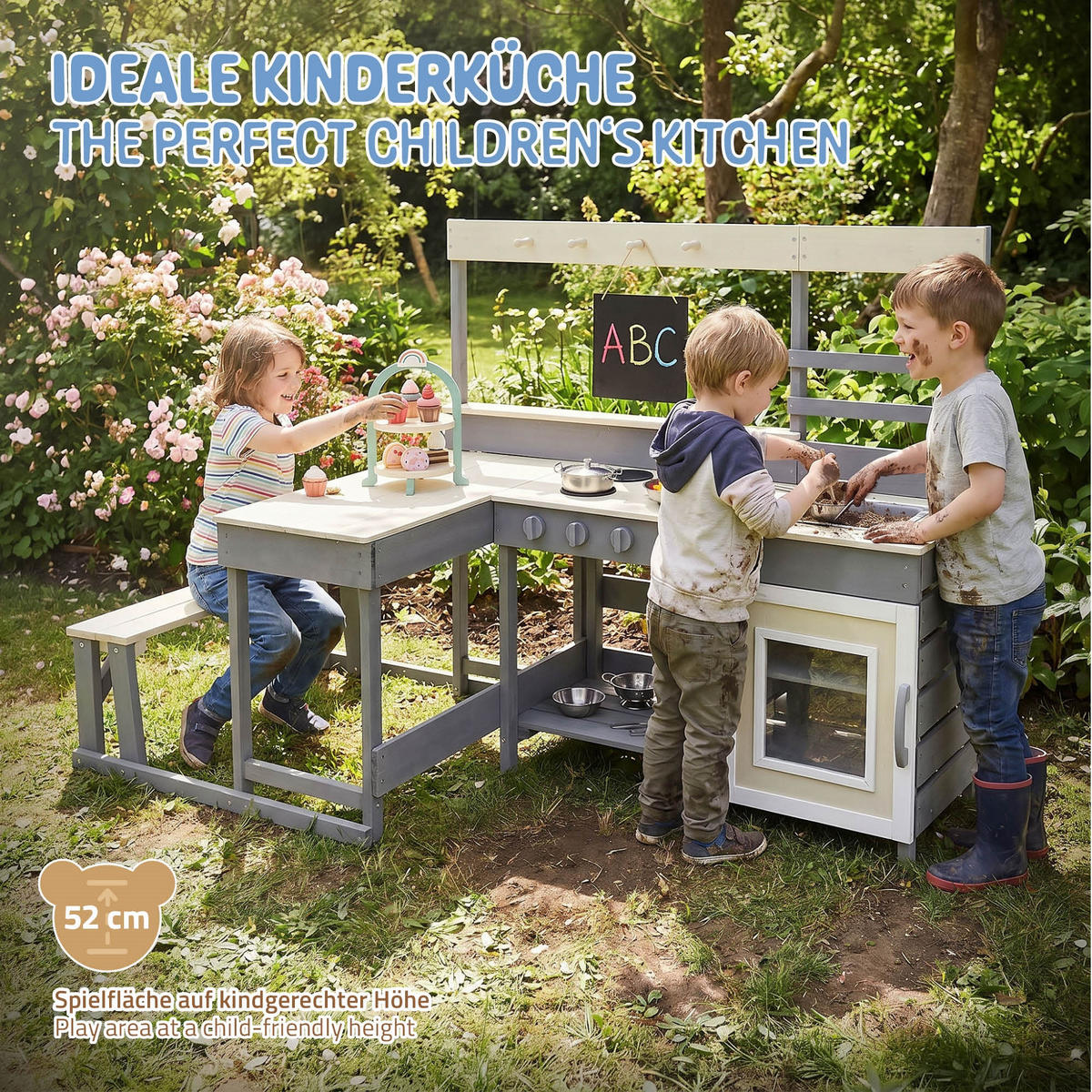 KINDERKÜCHE aus Tannenholz 71,5 x 151 x 98,5 cm Lila-Beige - Beige, Holz (71.5/151/98.5cm) - Joyz