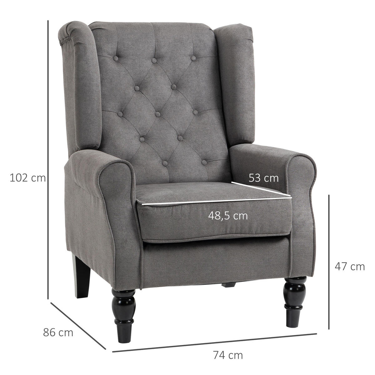 EINZELSESSEL mit Tufting Relaxsessel Einzelstuhl Holzfüße Polyester Dunkelgrau - Dunkelgrau/Schwarz, Holz/Textil (86/102/74cm) - HOMCOM