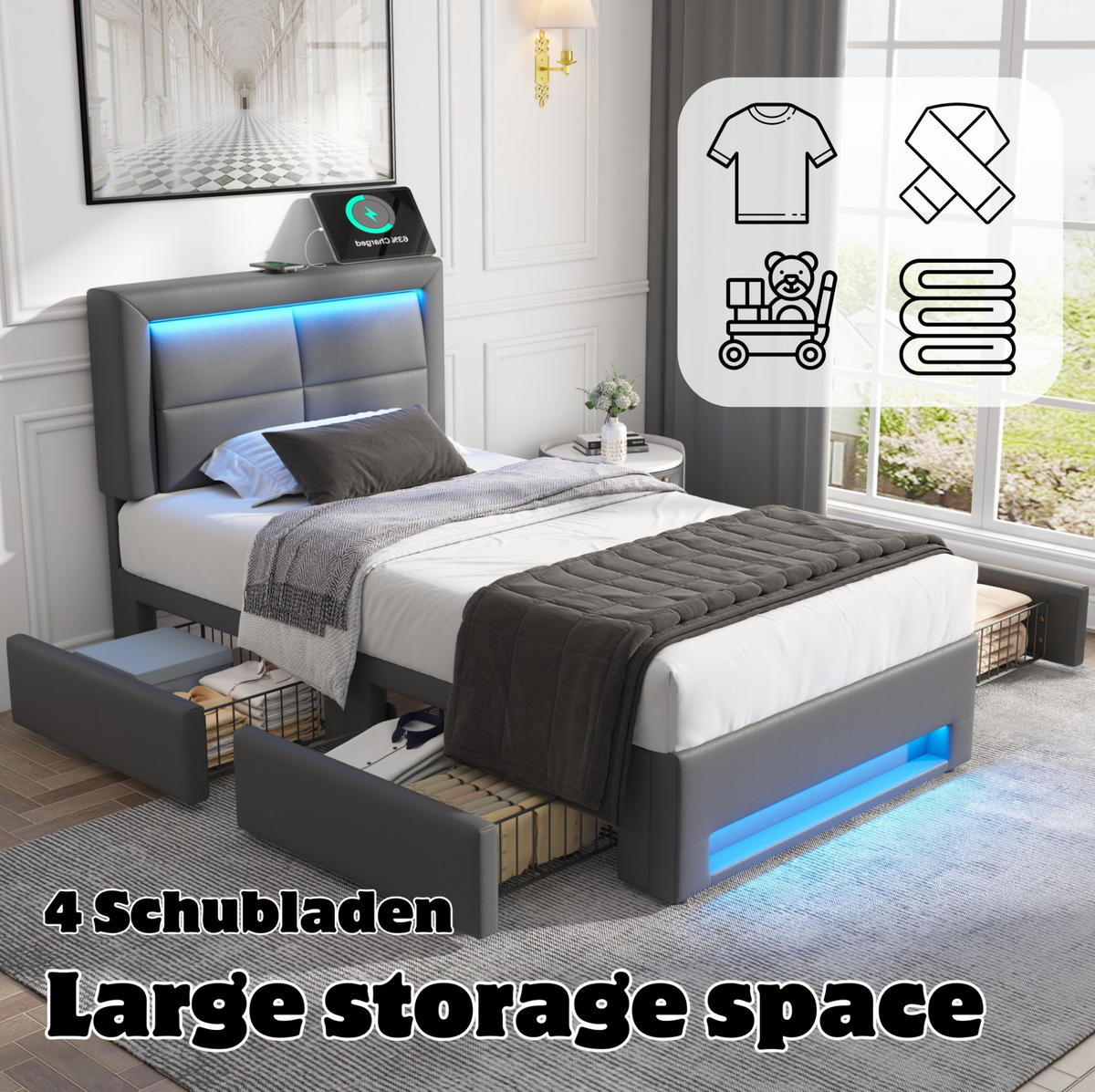 POLSTERBETT 90/200 cm mit USB-Ladefunktion, LED-Beleuchtung und 4 Schubladen, PU, Grau - Grau, Kunststoff (90/200cm) - Redom