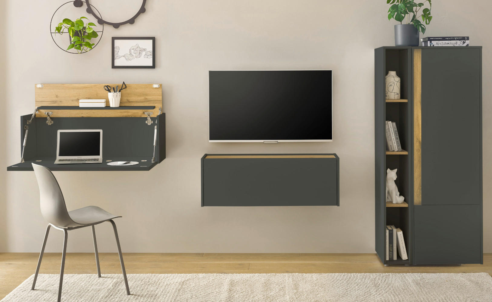 WOHNWAND grau matt , Eiche Wotan 4-teilig 310 cm, Wohnzimmer Schränke mit Sekretär - Eiche Wotan/Grau, Holzwerkstoff/Kunststoff (310/170/40cm) - Furn.Design