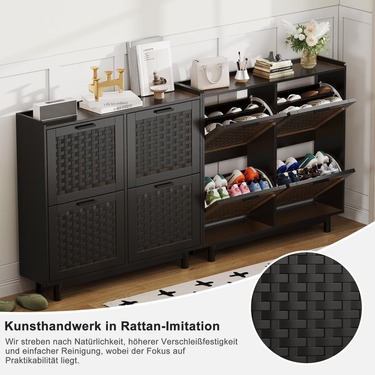 SCHUHSCHRANK 100cm schwarz mit 4 Klappfächern & Rattan-Imitation - Schwarz, Holz (24/95/100cm) - SHOPENTRA