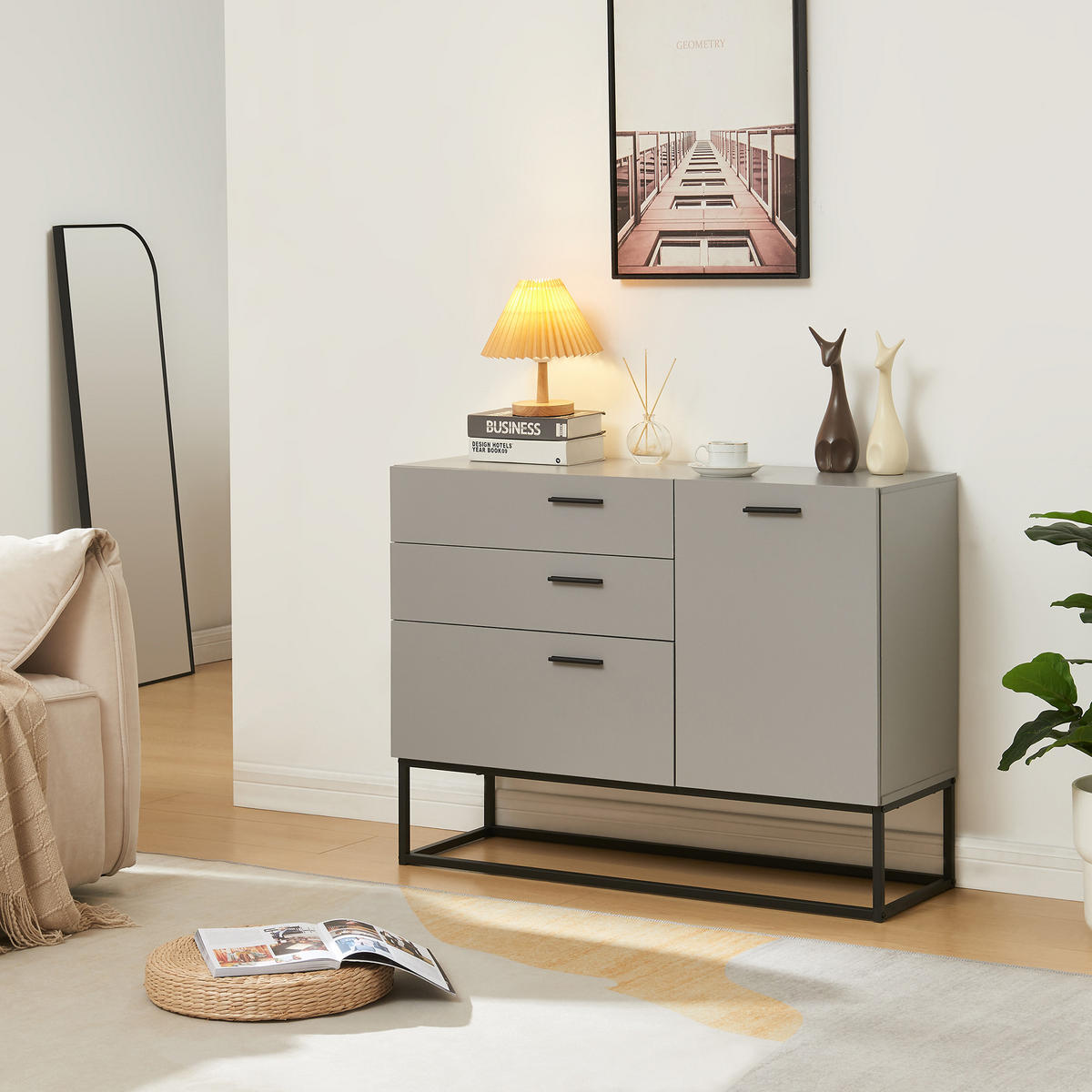 SIDEBOARD Lavangen - Hellgrau/Schwarz, Holzwerkstoff/Metall (100/75/35cm) - [en.casa]