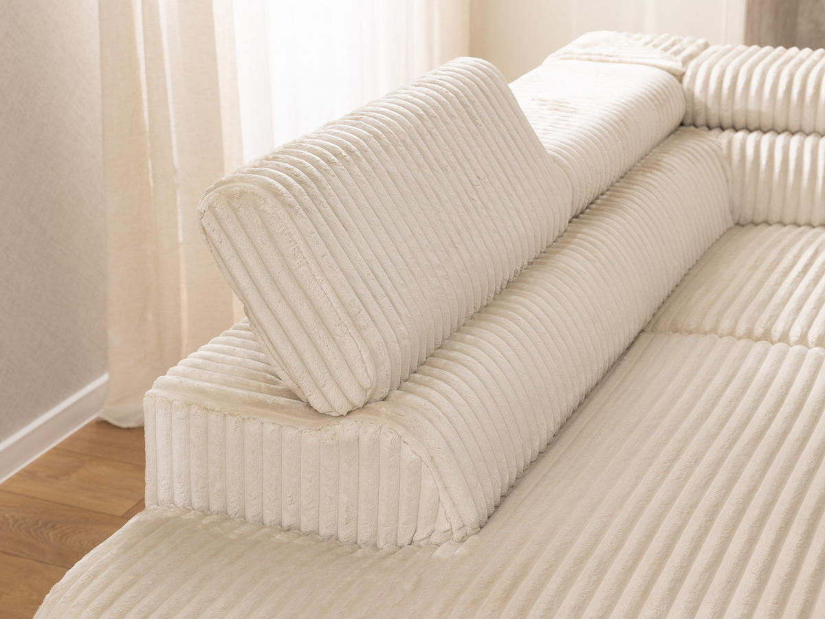 ECKSOFA mit Schlaffunktion und Bettkasten Bonnie aus Hellbeige Cord-Stoff mit verstellbaren Kopfstützen und Armlehne - Ottomane links - Beige/Schwarz, Holz/Textil (275/210cm) - S-Style Möbel