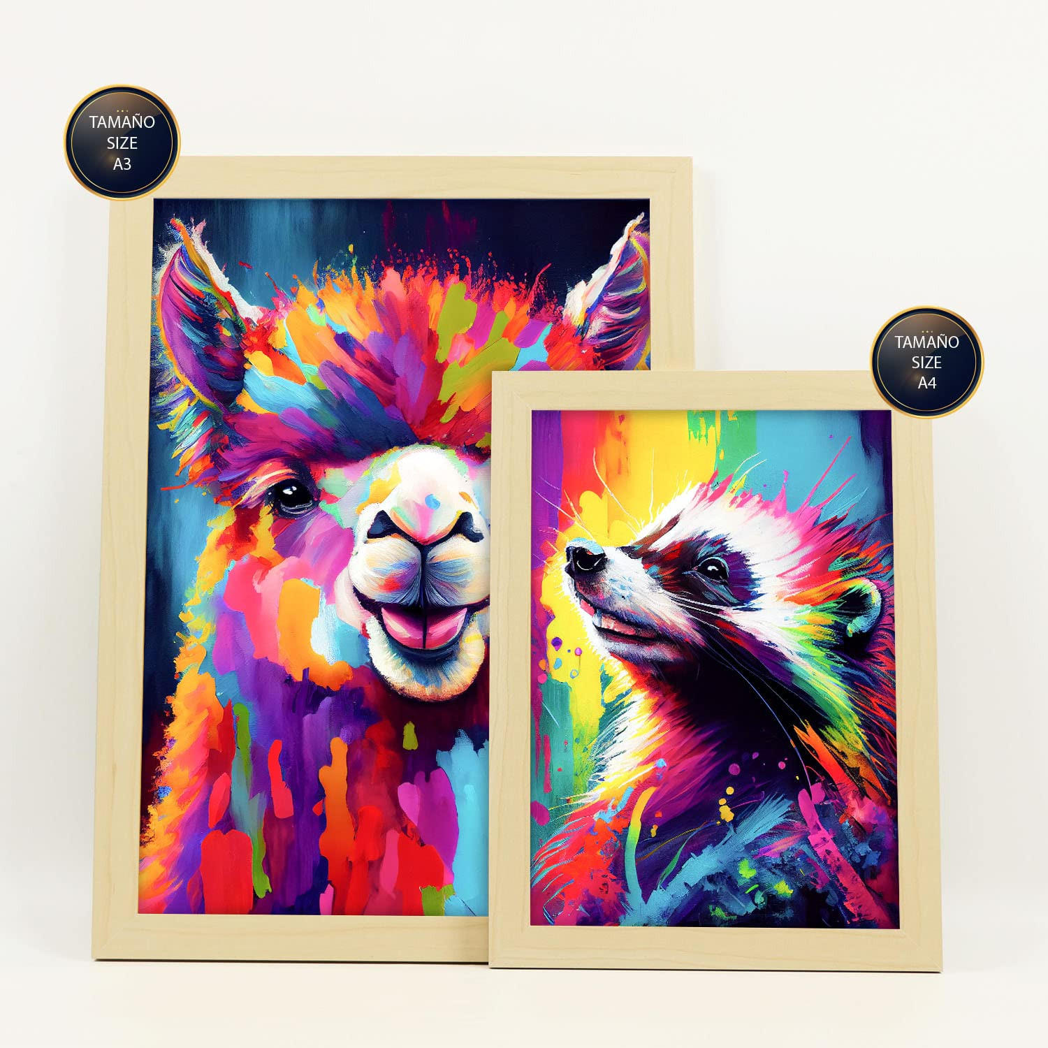 POSTER Set Mit 6 Dumme Tiere Im Hochformat Lebhafte Aquarell Stil Illustrationen Von Lächelnde Tiere Innenarchitektur A3 & A4 Rahmen Aus Hellem Holz - Beige, Papier (29/3cm) - Nacnic