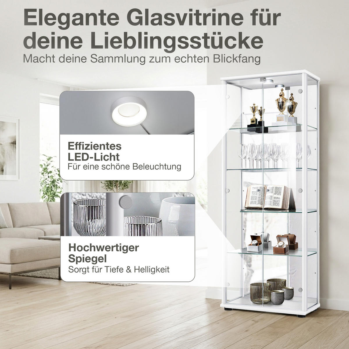 GLASVITRINE 33/67/176 cm mit Spiegel, LED, Schloss & 4 höhenverstellbaren Glasböden - Transparent/Silberfarben, Glas/Holzwerkstoff (67/176/33cm) - K-Möbel