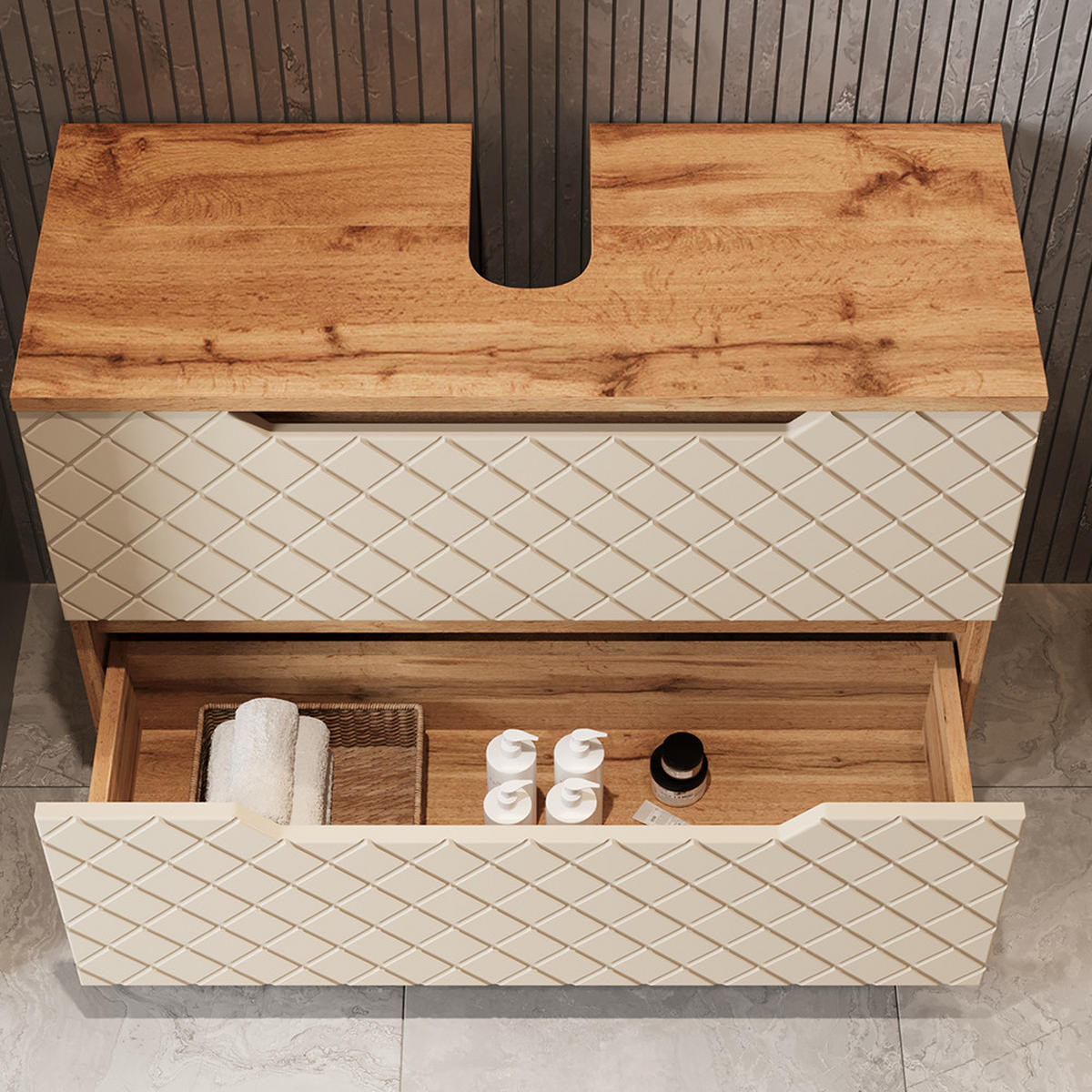 WASCHBECKENUNTERSCHRANK Lotta Eiche/Kaschmir mit Kachelstruktur 79.6 x 62.5 cm mit 2 Schubladen - Kaschmir/Eichefarben, Holzwerkstoff (79.6/62.5/32cm) - Vicco