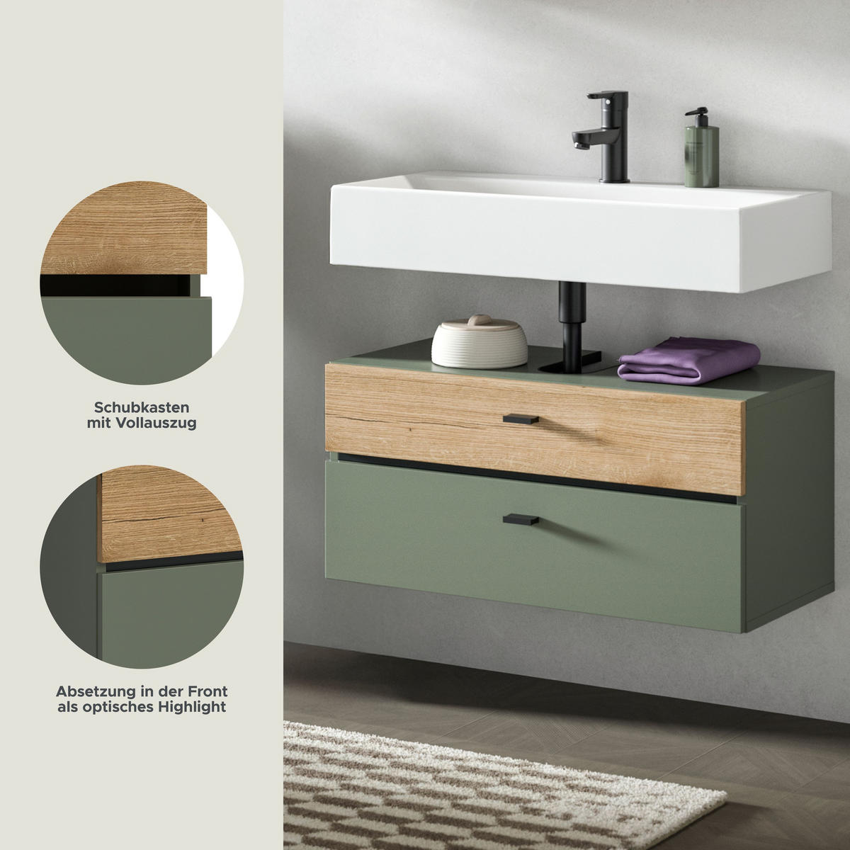 WASCHBECKENUNTERSCHRANK AQUA (B/H/T: ca. 75/35/35 cm) in Sage Green/Sage Green - Grün, Holzwerkstoff (75/35/35cm)