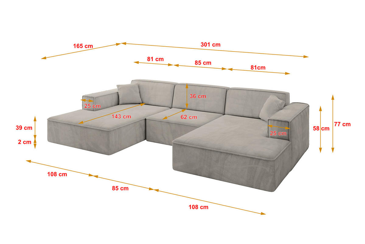 WOHNLANDSCHAFT IREA-U1-v4 - 301x165x77 cm Hellbraun - Hellbraun, Holzwerkstoff/Textil (301/77/165cm) - ALTDECOR