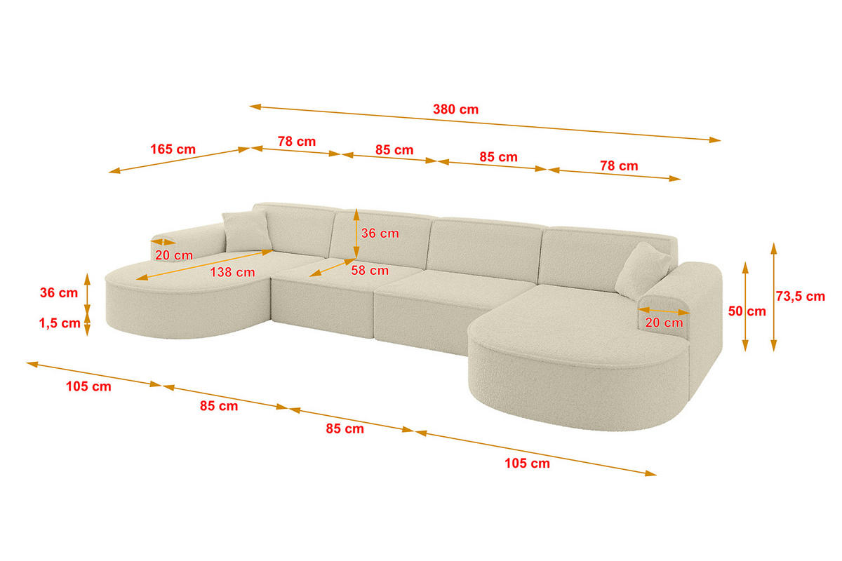 WOHNLANDSCHAFT MARI-U2 - 380x163x73,5 cm Beige Bouclé - Beige/Schwarz, Holzwerkstoff/Kunststoff (380/73.5/163cm) - ALTDECOR