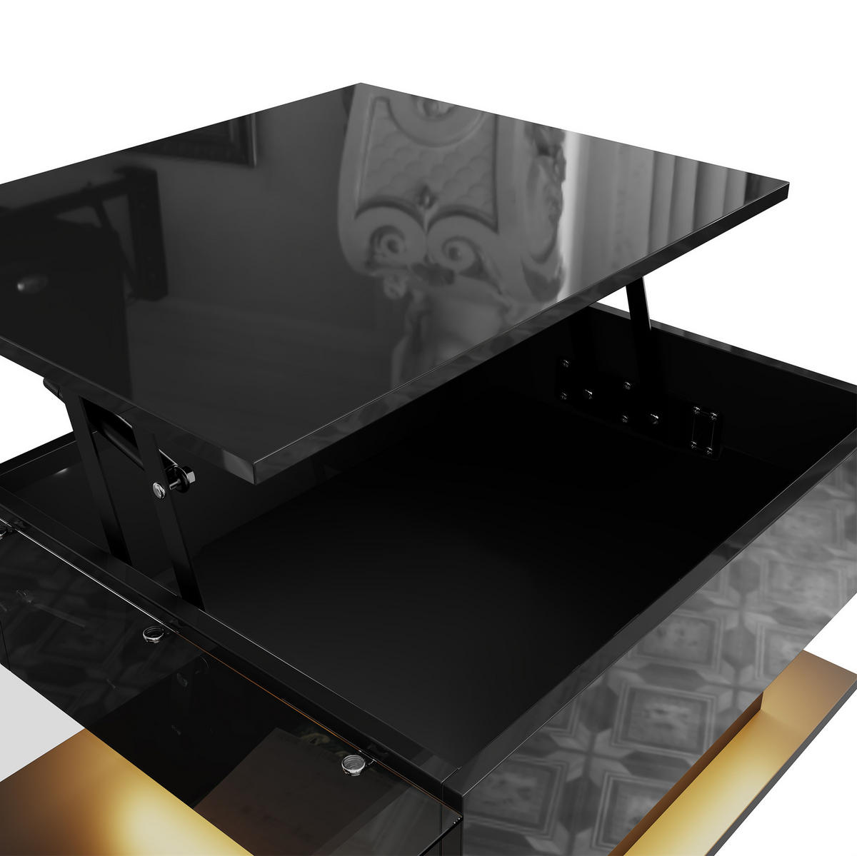 COUCHTISCH aus Spanplatte 100x50x33/47,5 cm Schwarz Hochglanz höhenverstellbar mit LED - Schwarz, Holzwerkstoff (110/50/47.5cm) - IVMEU