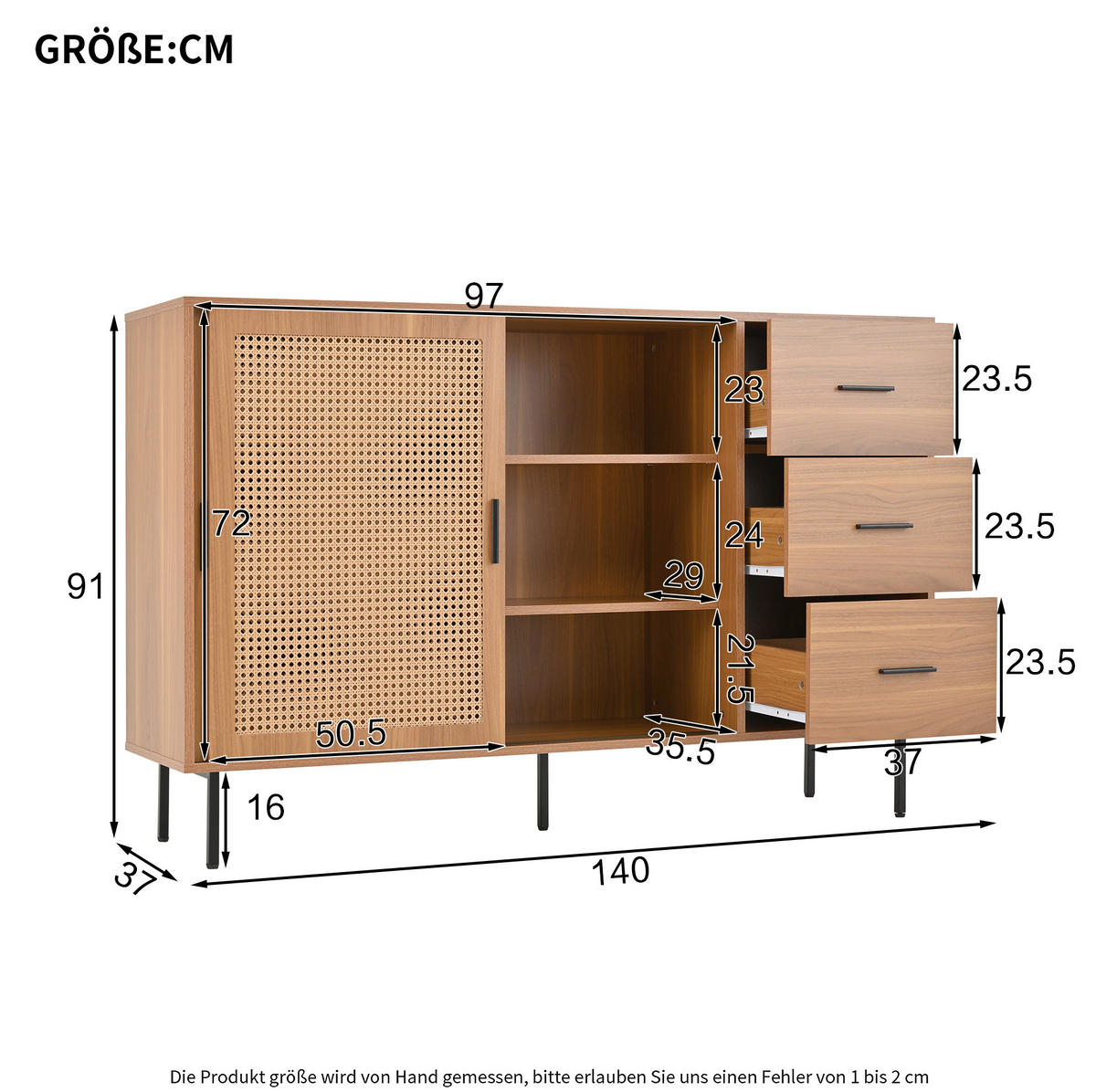 SIDEBOARD aus Spanplatte 140x37x91 cm Natur mit Rattan-Schiebetüren und 3 Schubladen - Naturfarben, Holzwerkstoff (140/91/37cm) - IVMEU