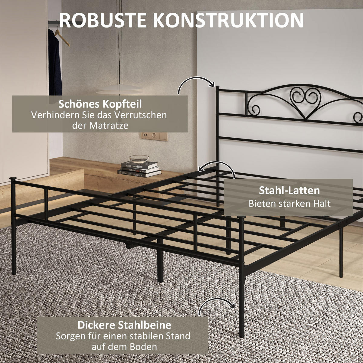 BETT 165 x 207 cm Bettrahmen mit Lattenrost aus Stahl Unterbettaufbewahrung - Schwarz, Metall (160/200cm) - HOMCOM