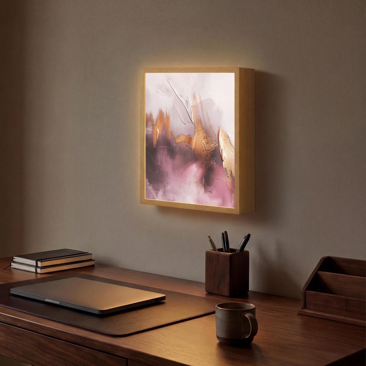 NÁSTĚNNÁ LAMPA S AKUMULÁTOREM Fialová - abstraktní - barva - zlatá 30x40 cm - světle fialová, kompozitní dřevo (30/40/8cm) - OnlyWow