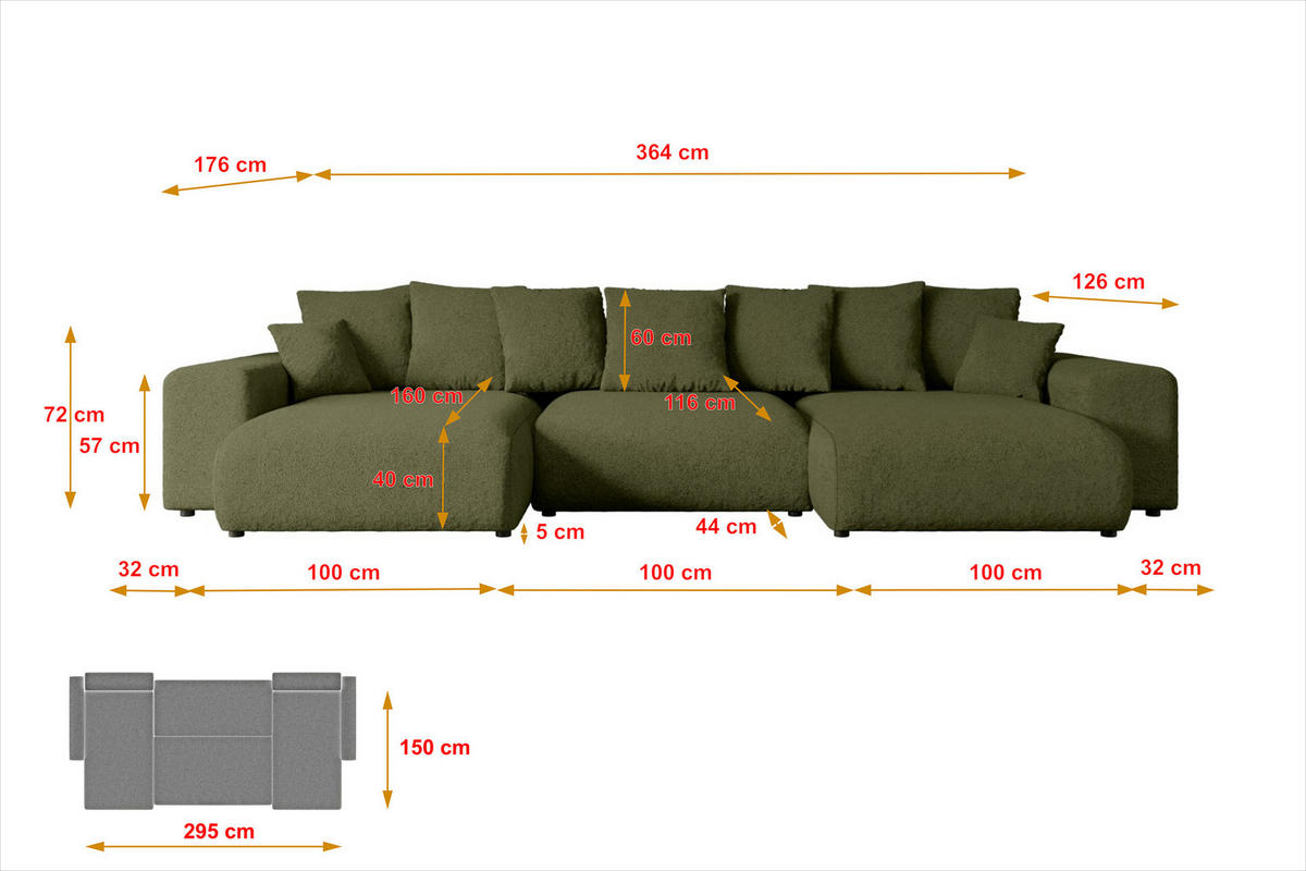WOHNLANDSCHAFT mit Schlaffunktion ESKAR-U -364x176x72cm Grün Bouclé - Schwarz/Grün, Holzwerkstoff/Kunststoff (364/72/176cm) - ALTDECOR
