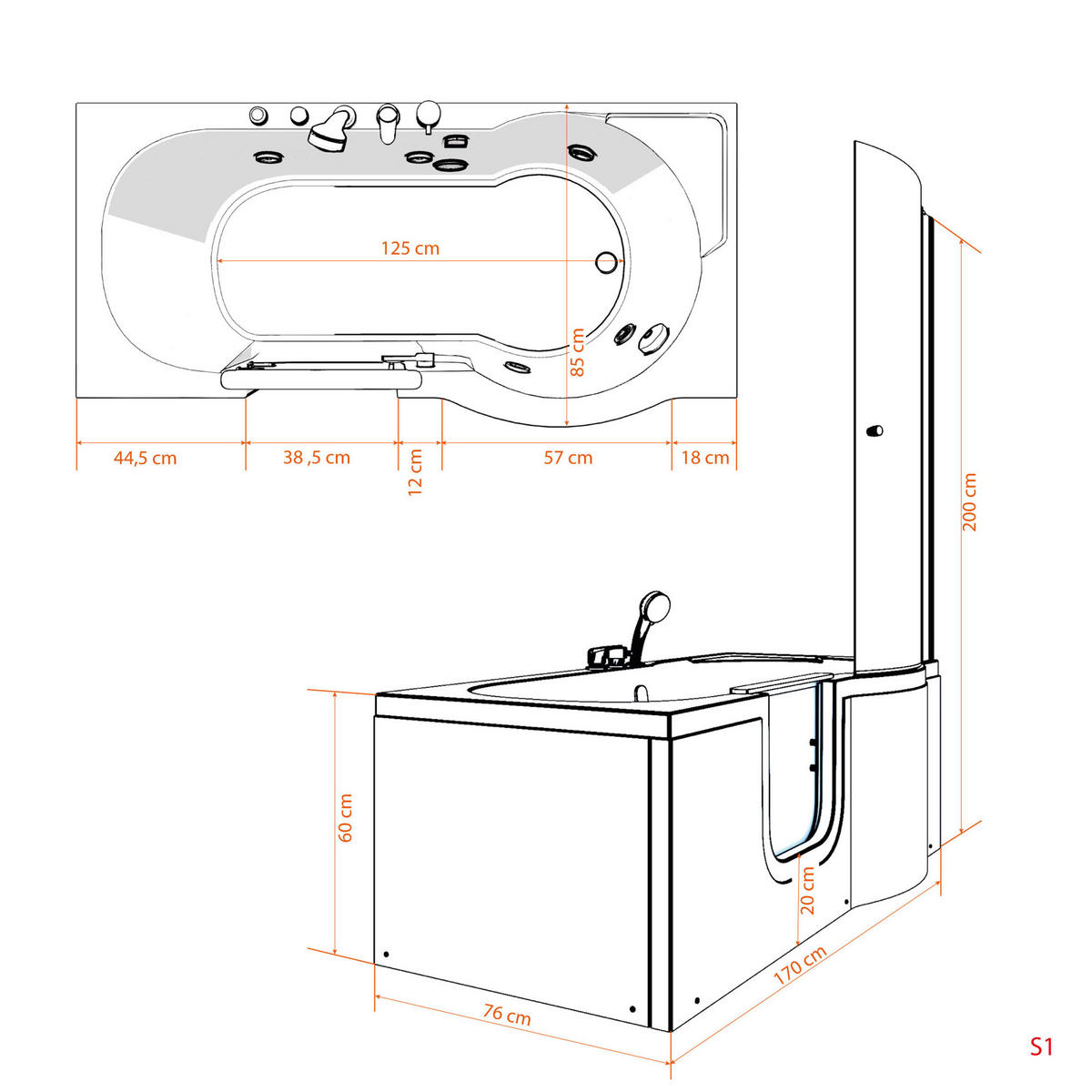 SENIORENDUSCHE Sitzwanne Tür S12D-AIR-L 170x85cm - Weiß, Glas/Kunststoff (85/200/170cm) - AcquaVapore by Sandra Jentho