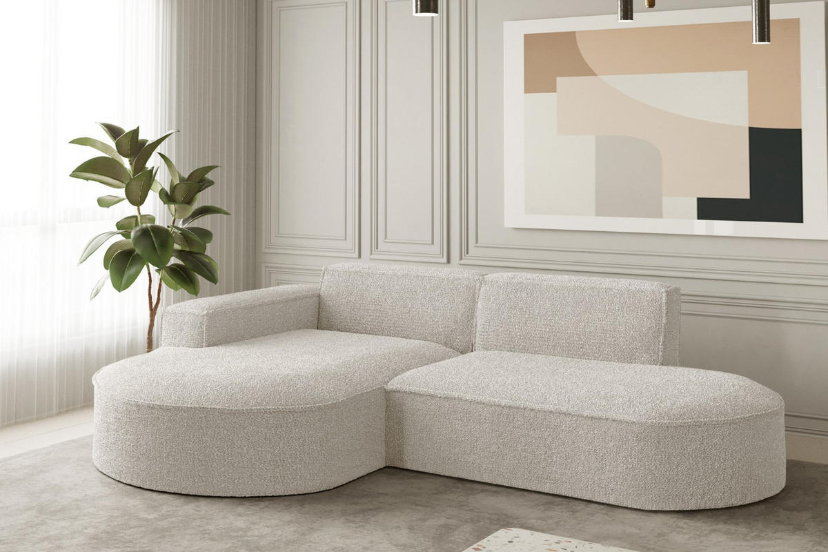 ECKSOFA Designer L-Form MODENA STUDIO Stoff Loop Perle Links - Champagner, Holz (165/236cm) - Kaiser Möbel