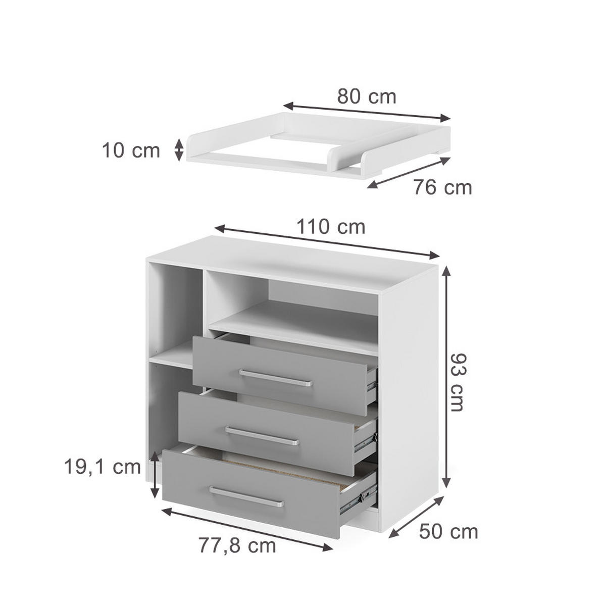 PREVIJALNA OMARA Olina, Bela/Siva, 110 x 93 cm - siva/bela, leseni material (110/93/50cm) - Vicco