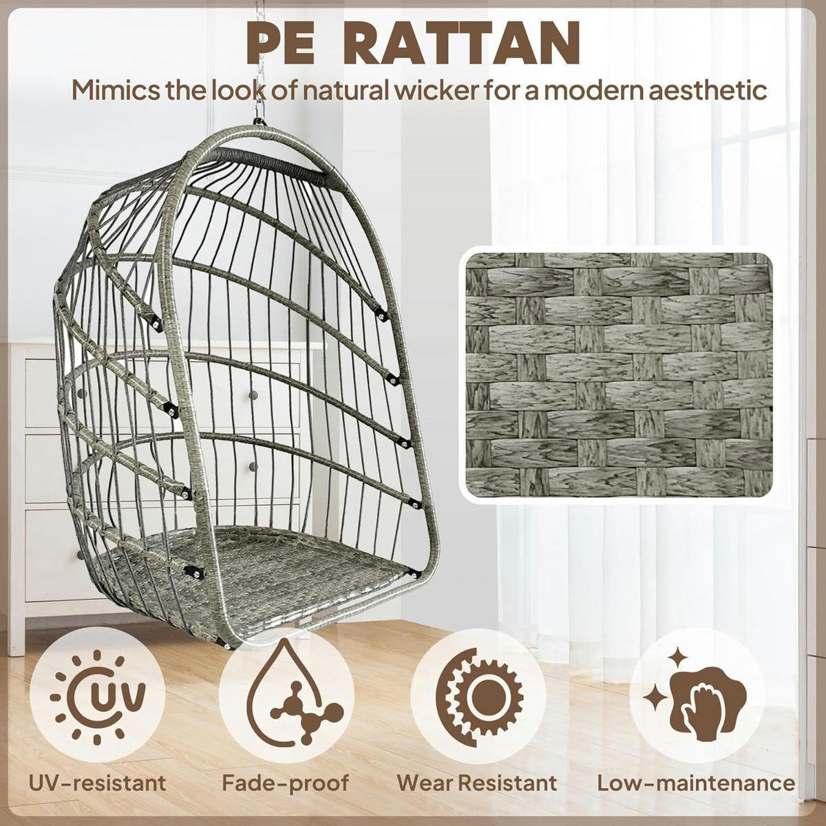 HÄNGESESSEL mit Kissen Grau, Faltbar, Rattan-Optik - Grau, Naturmaterialien (15/1.5/118cm)