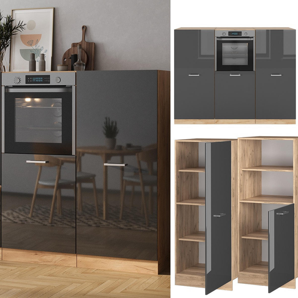 KÜCHENBLOCK R-Line Anthrazit Hochglanz/Goldkraft Eiche 180 cm ohne Arbeitsplatte - Honigeiche/Schwarz Hochglanz, Holzwerkstoff (180/143/46cm) - Vicco