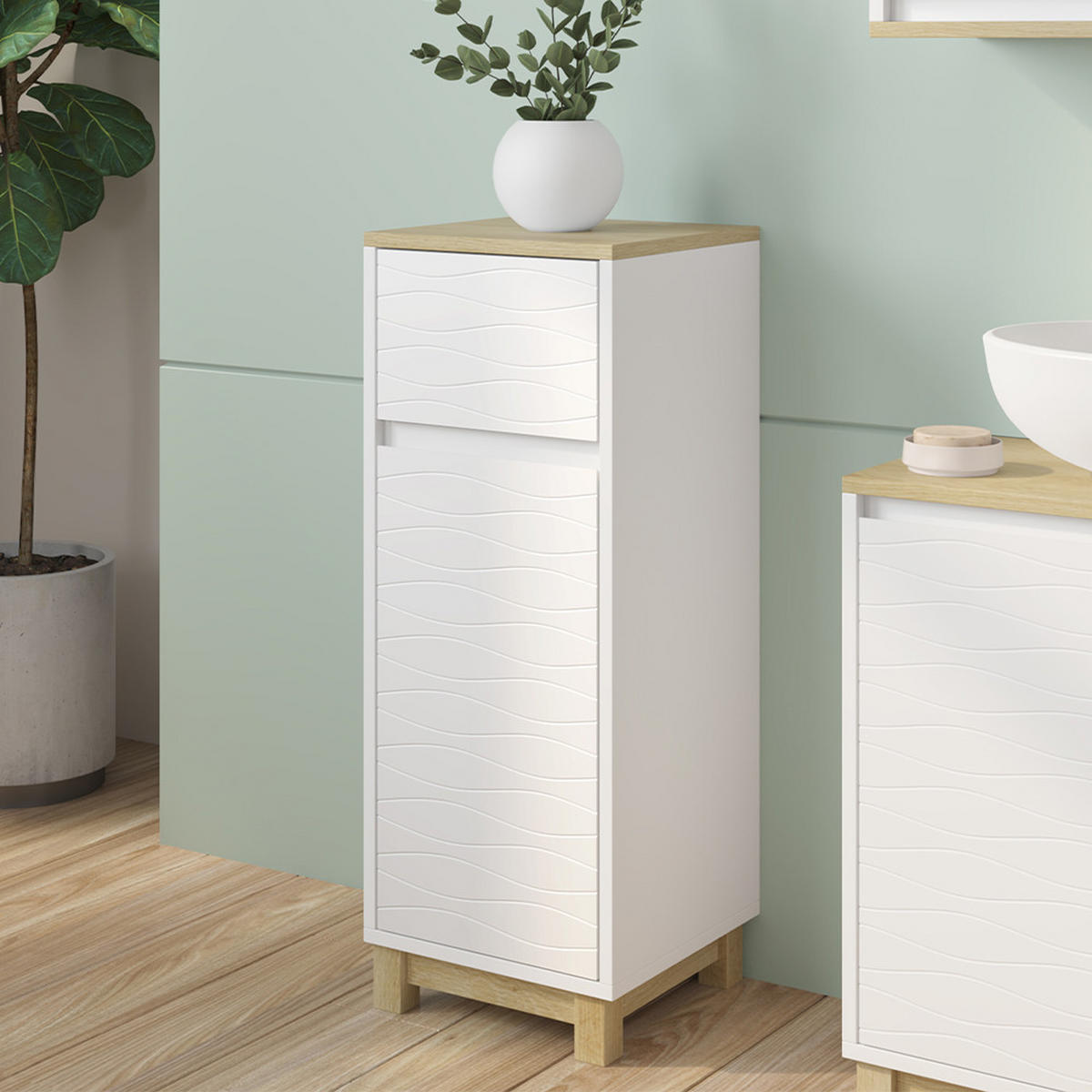MIDISCHRANK Livia Weiß 30 x 80 cm mit Schublade - Weiß/Naturfarben, Holzwerkstoff (30/80/30cm) - Vicco