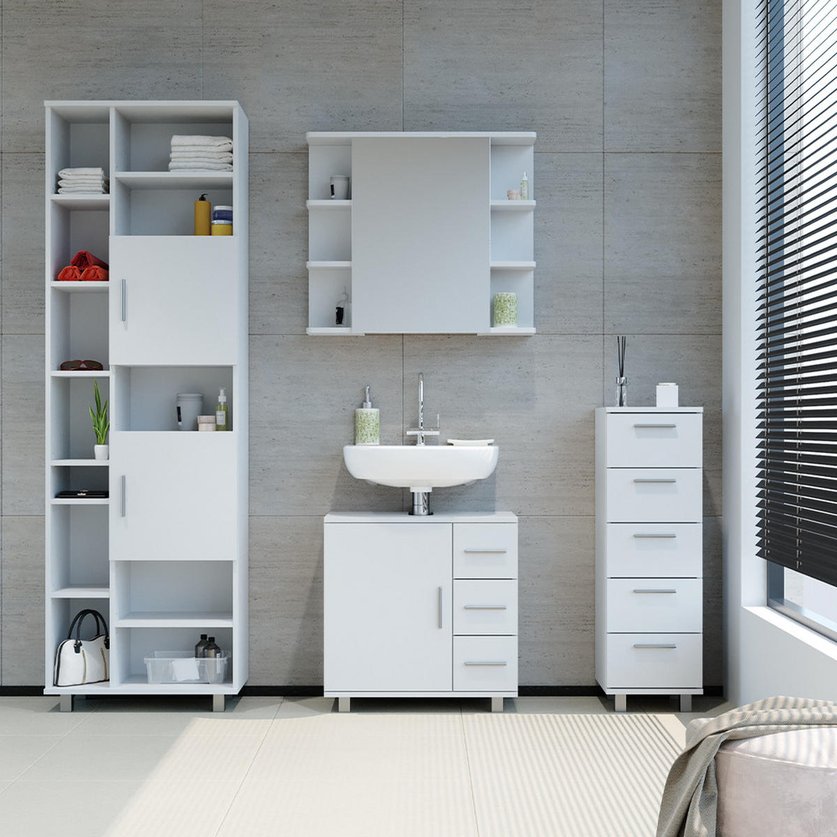 BADSCHRANK Ilias Weiß 60 x 190 cm - Weiß, Holzwerkstoff (60/190/30cm) - Vicco