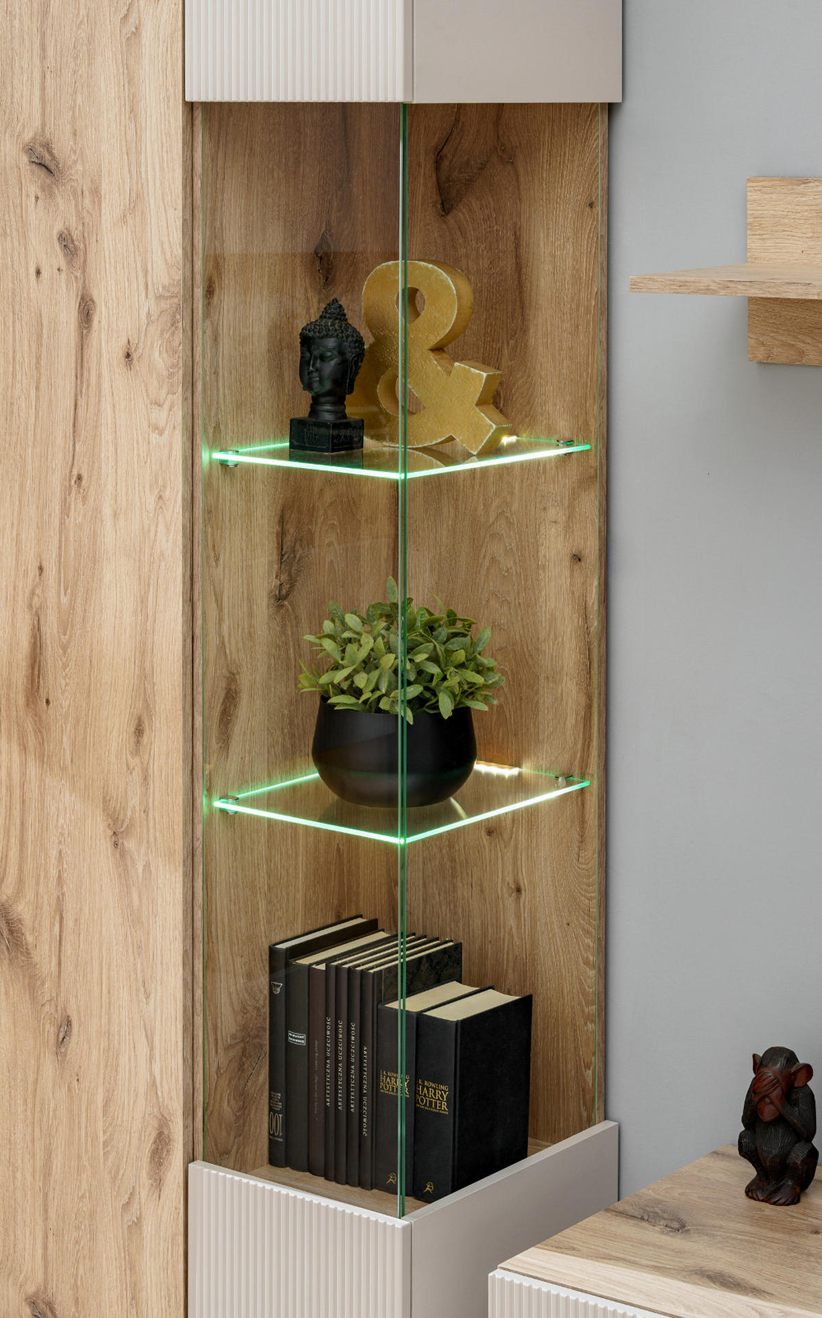 WOHNWAND Eiche, Kaschmir 4-teilig 350 cm, Schrankwand inklusive Beleuchtung - Kaschmir/Eichefarben, Glas/Holzwerkstoff (350/197/45cm) - Inn.Furn