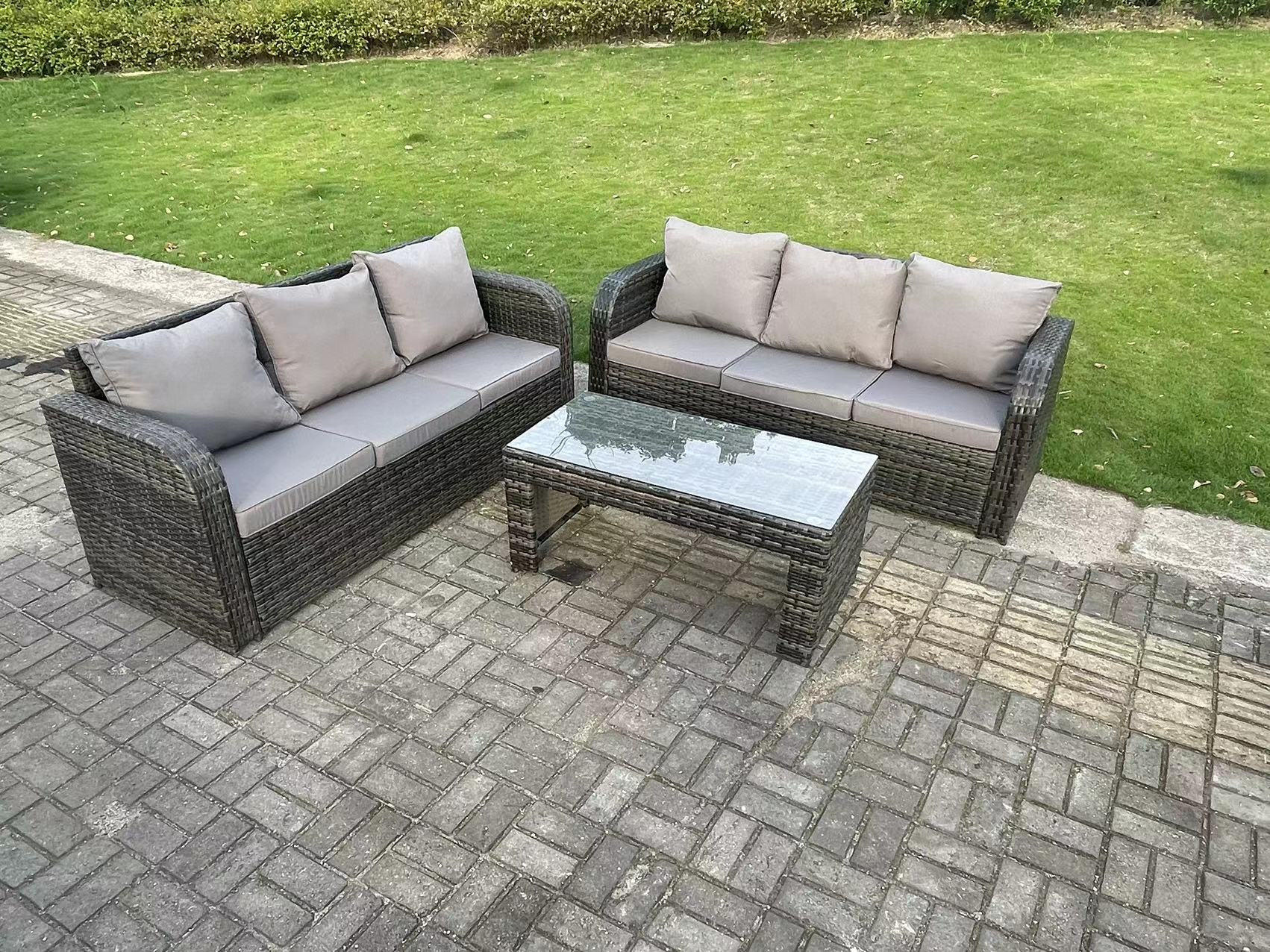 LOUNGESOFA Polyrattan 6-Sitzer - Dunkelgrau/Grau, Glas/Kunststoff - Fimous
