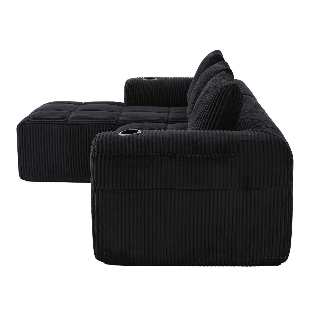 ECKSOFA DE-33721 mit Seitentasche und Becherhalter Schwarz - Schwarz, Textil (253/158cm) - ComfortXL