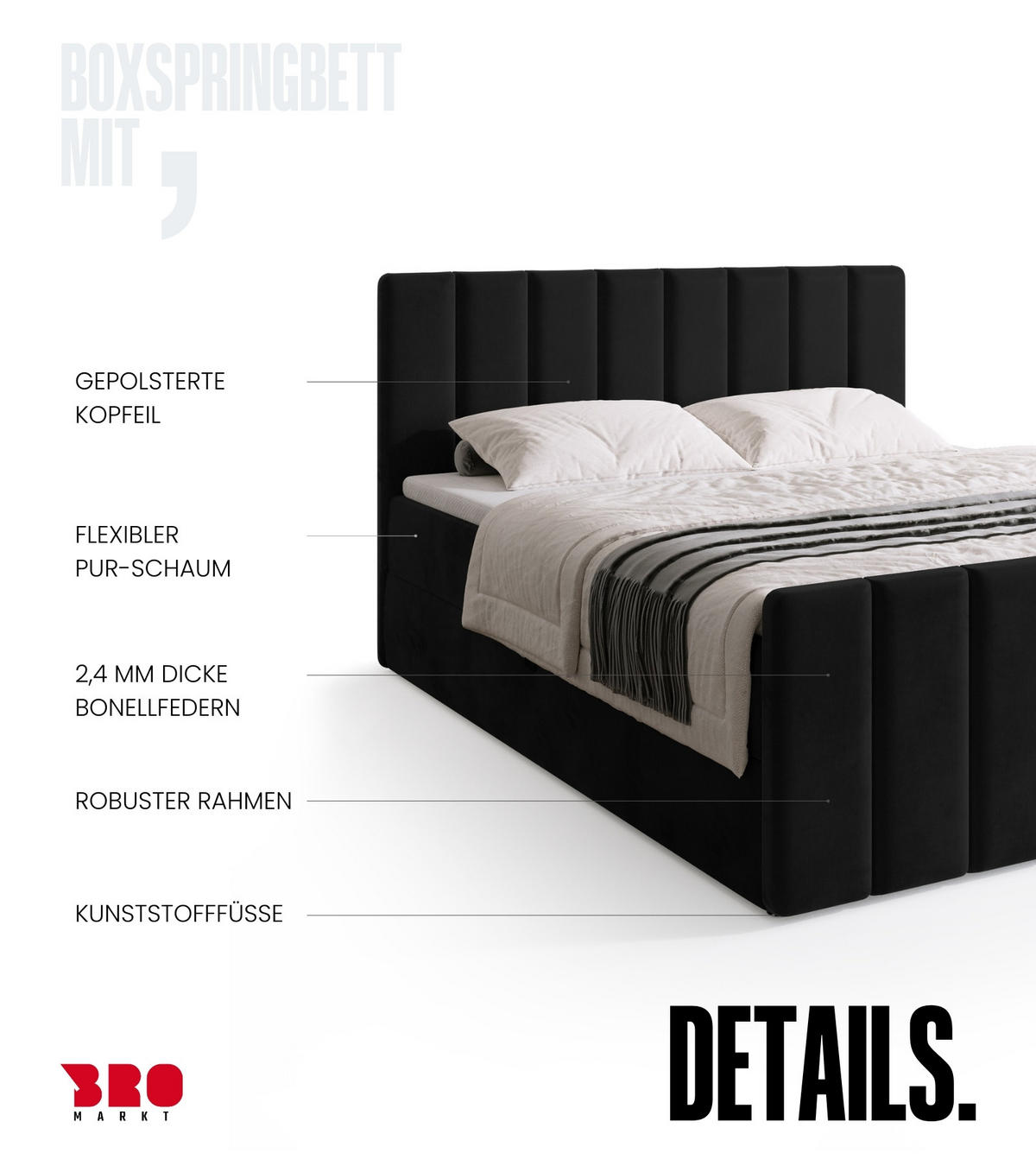 BOXSPRINGBETT Denver DUO mit Topper 140x200 Schwarz - Schwarz, Textil (140/200cm) - Bromarkt