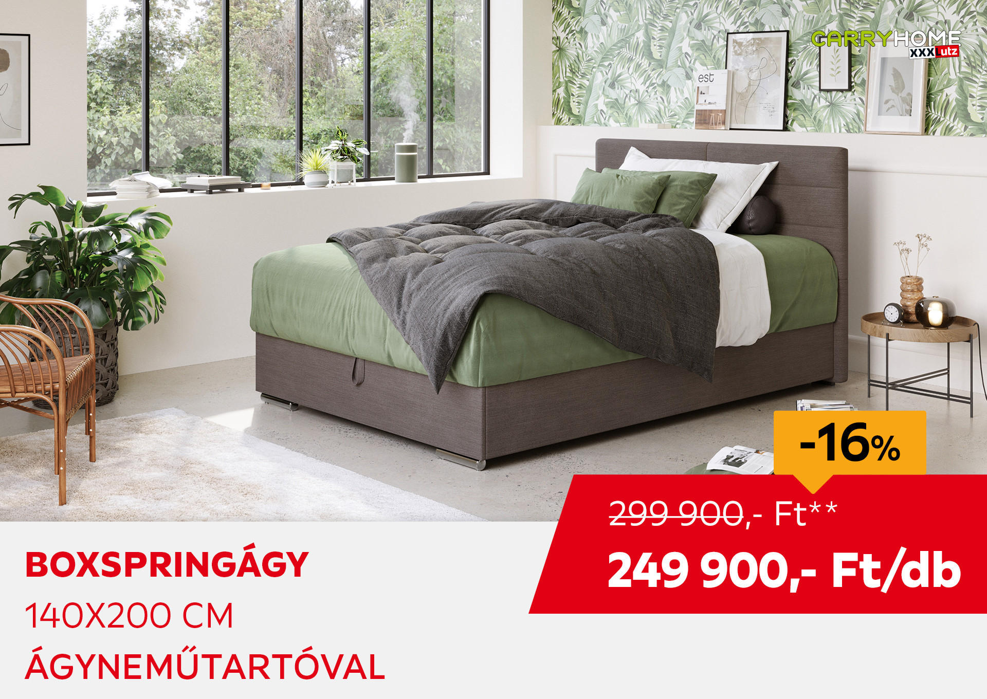 BOXSPRINGÁGY 140x200 cm ágyneműtartóval Kiemelt termék 299900 Ft.- helyett 249900 Ft.-