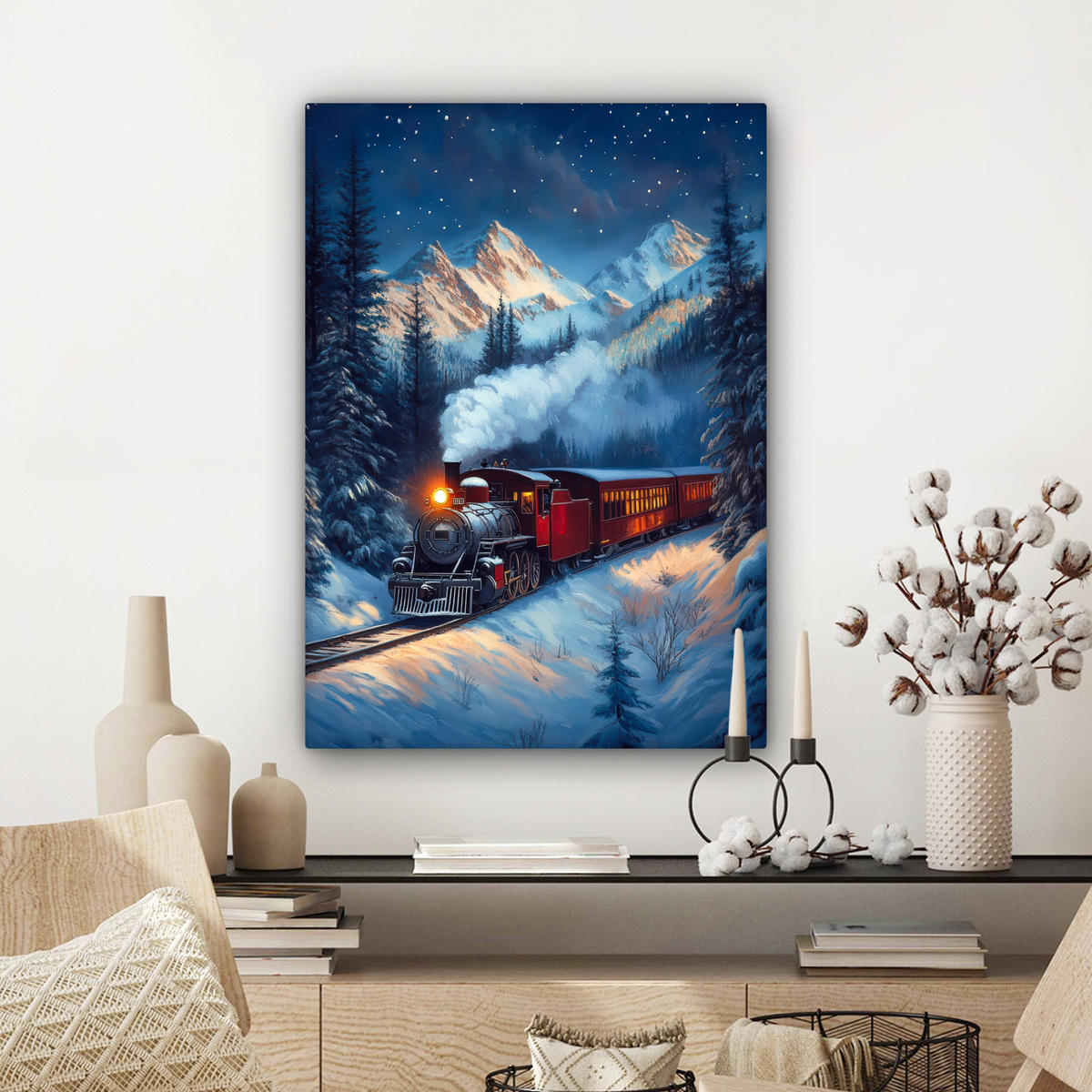 LEINWANDBILD Zug - Weihnachten - Schnee - Weihnachtszug 60x80 cm - Anthrazit, Textil (60/80cm) - MuchoWow