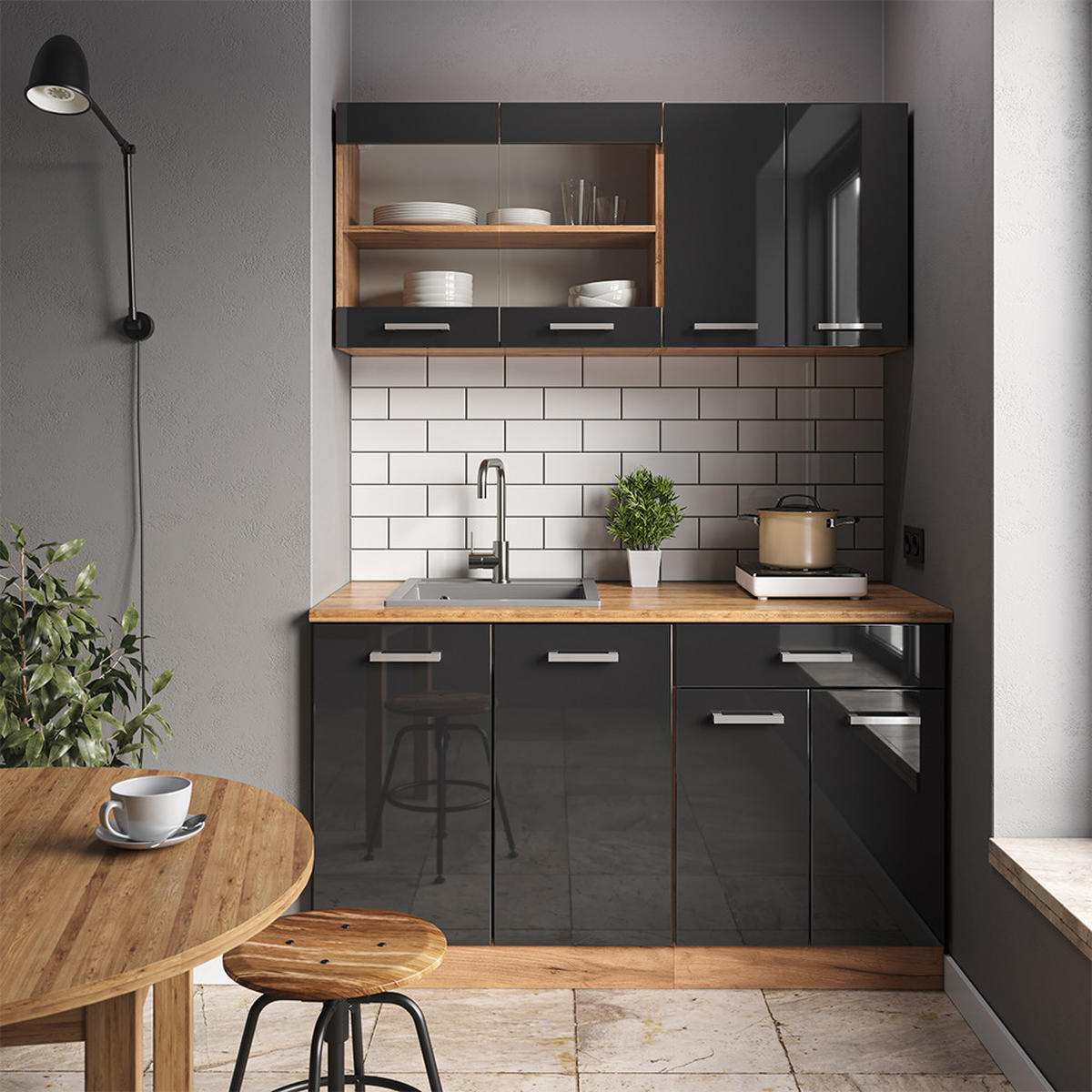 KÜCHENFRONT R-Line Anthrazit Hochglanz 59.6 x 36 cm Möbelfront für den flachen Hängeschrank - Schwarz Hochglanz, Holzwerkstoff (59.6/36/1.6cm) - Vicco