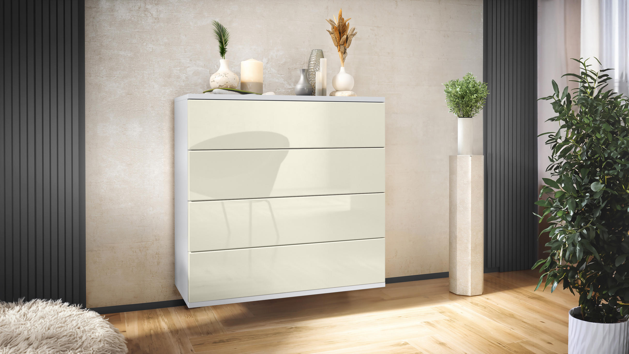 KOMMODE Pavos Creme Hochglanz - Creme, Holzwerkstoff (76/76/35cm) - Vladon