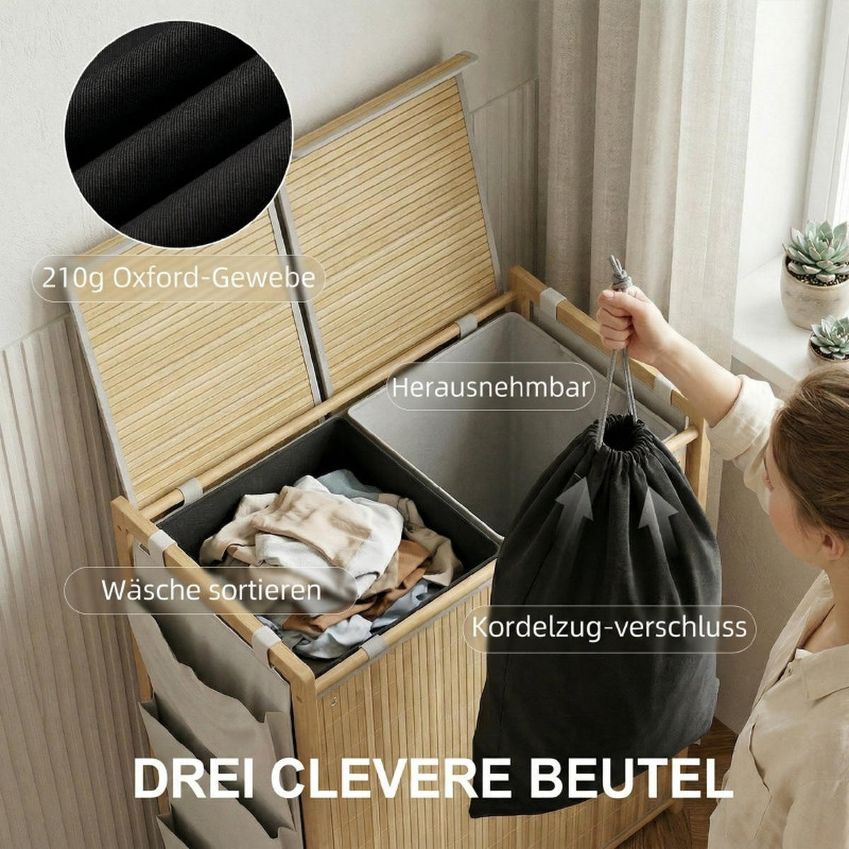 WÄSCHEKORB Bambus 120L mit Deckel, 2 Wäschesäcken & Seitentaschen Natur - Naturfarben, Naturmaterialien (63/78/33cm) - Urban Meuble