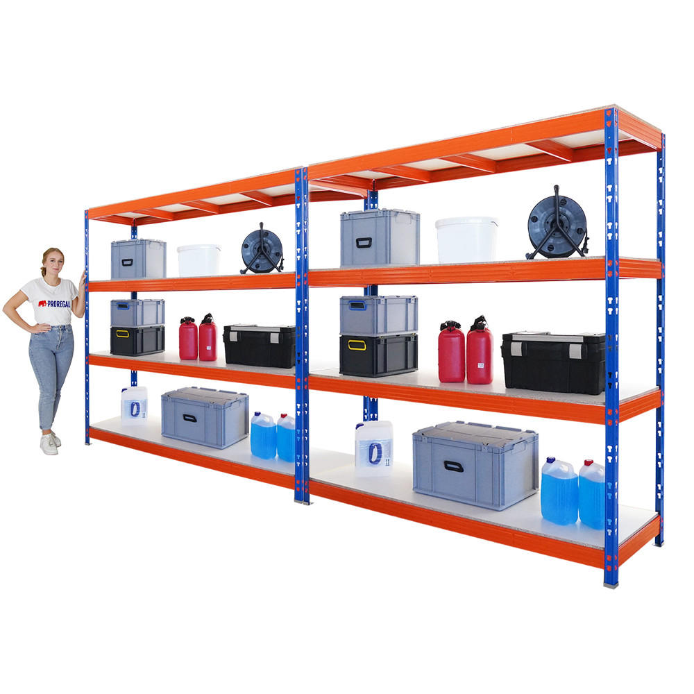 SCHWERLASTREGAL Rhino 2er-Set 200x200x60 cm 4 Melamin-Ebenen 16mm Fachlast 500 kg Blau/Orange - Blau/Orange, Metall (400/200/60cm) - PROREGAL
